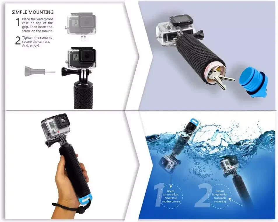 Floating Hand Grip Pro Selfie Stick Waterproof For GoPro HERO 12 11 10 9 8 PR21A