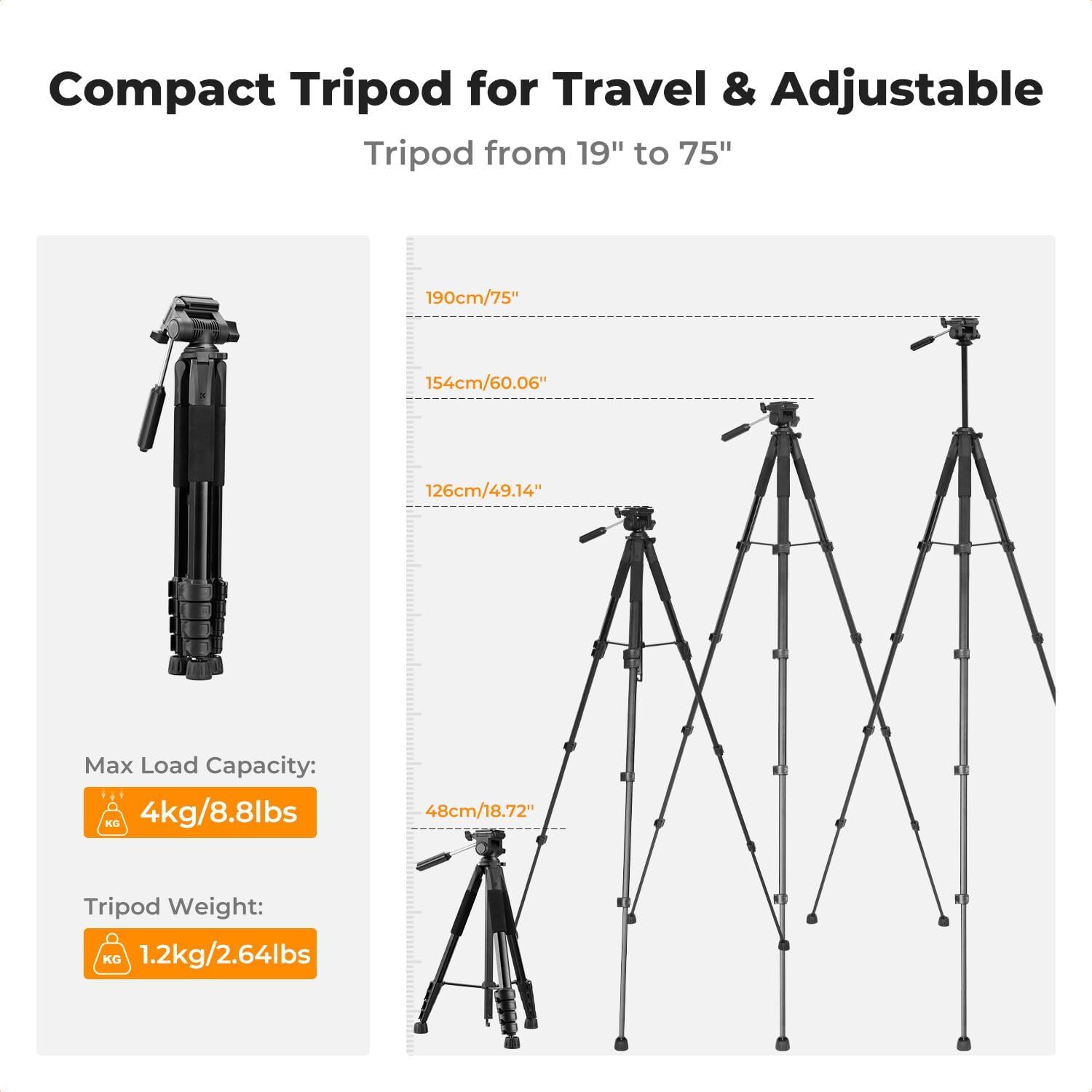 K&F Concept Camera Tripod 75″ Lightweight Travel DSLR Tripods for Camera Phone
