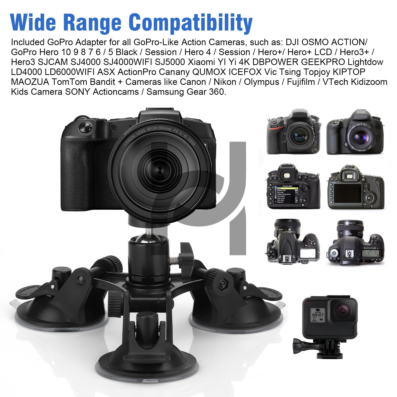 Car Mount Holder For GoPro Sony DJI OSMO Action Camera Triple Suction Cup Stand