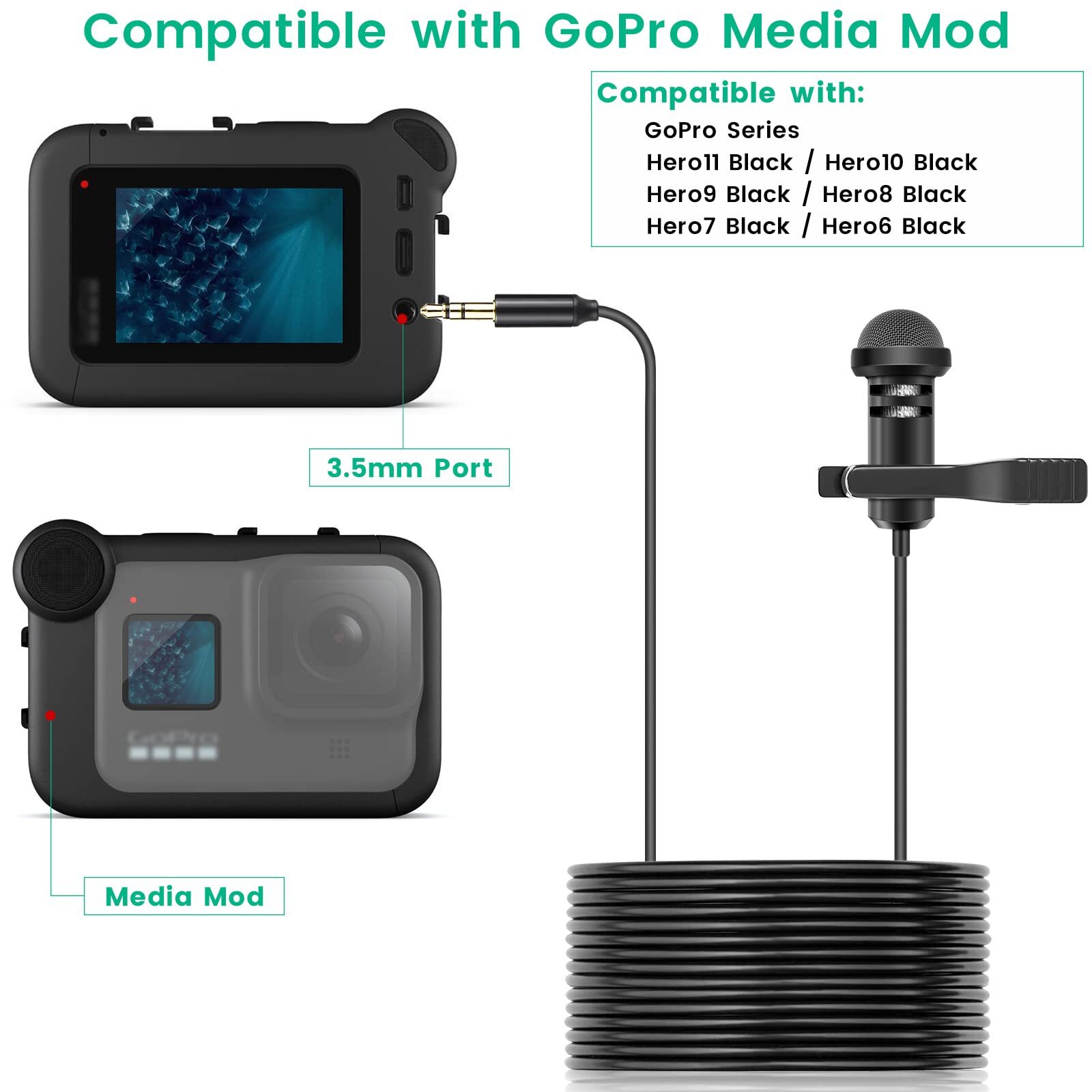 Media Mod Mic For Gopro HERO11 10 9 Black Action Camera Lavalier Lapel Clip On