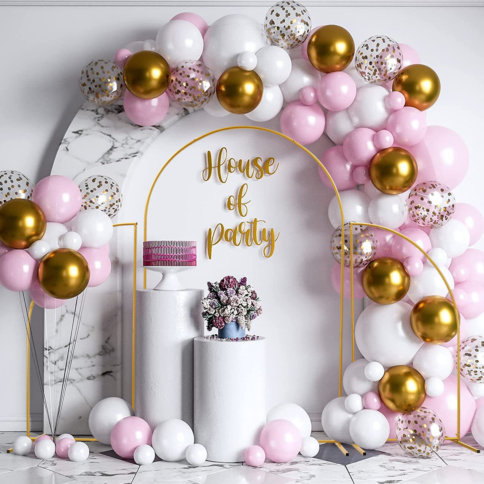 Pink Wedding Arch Cover & Golden Wedding Arch Backdrop Stand Set Party Ceremony
