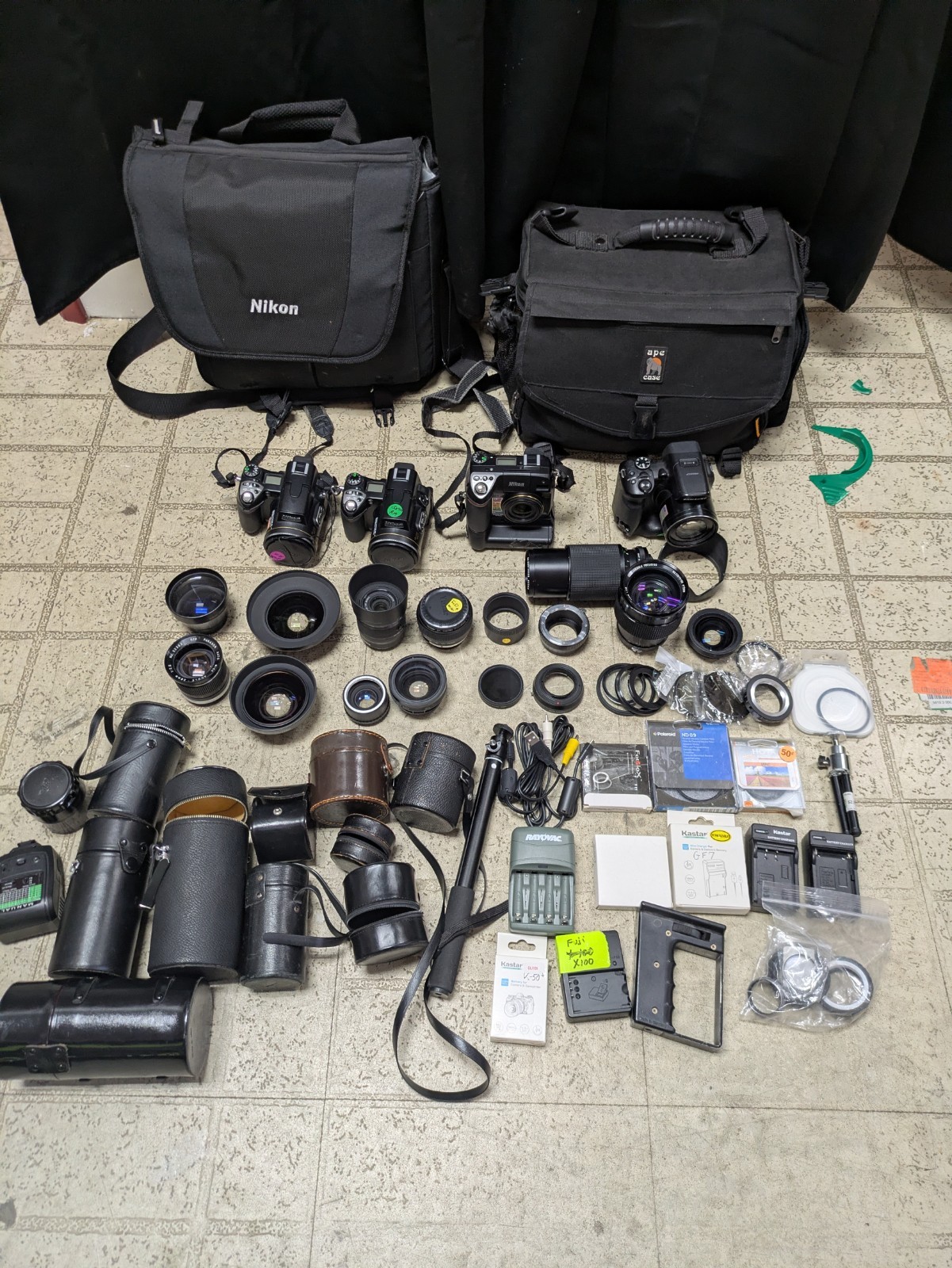 Huge Digital Camera Lot- Nikon, Vivitar, Olympus, Lenses, Filters, Chargers, Etc