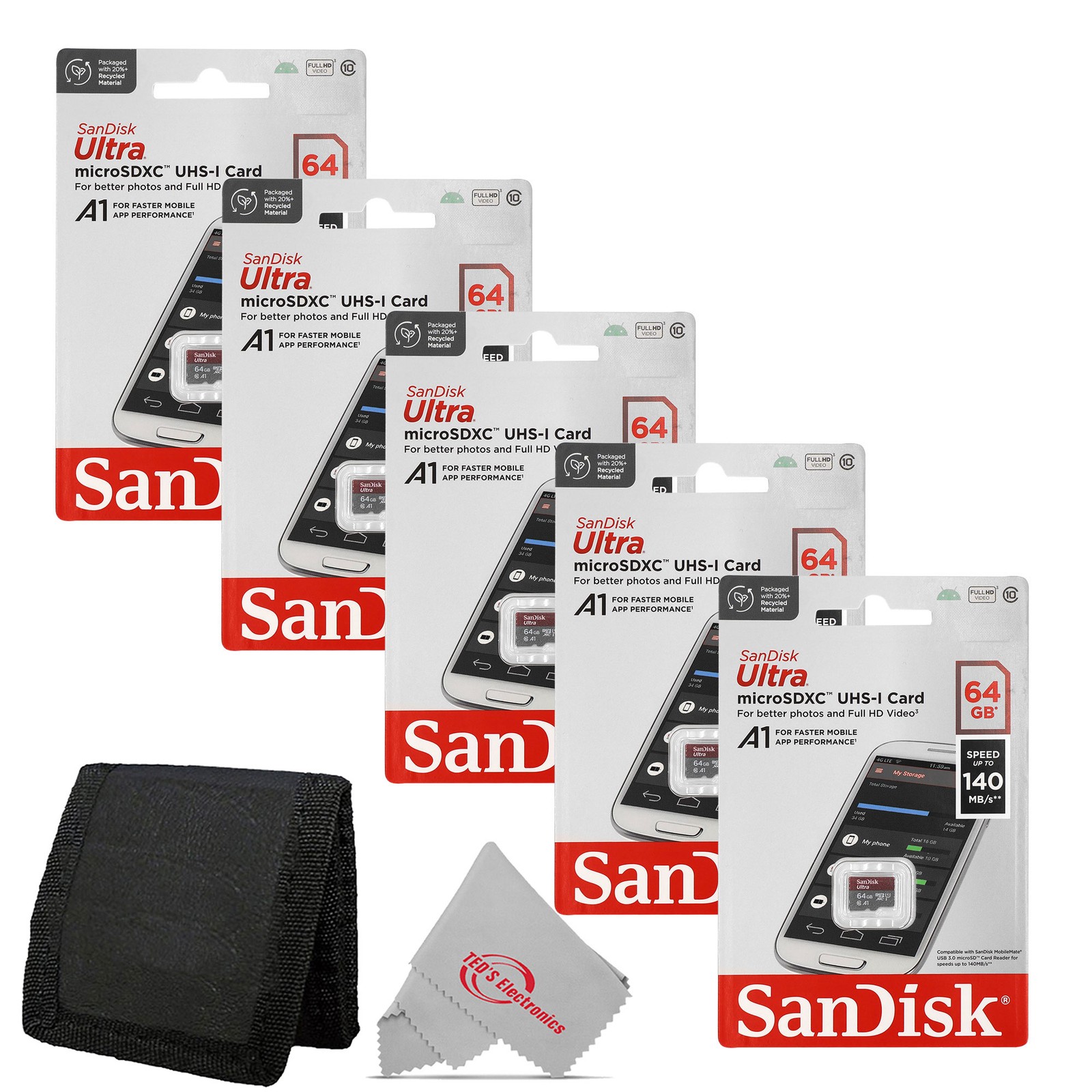 5x Sandisk Ultra microSD 64 GB 140MB/s Memory Card + Card Wallet