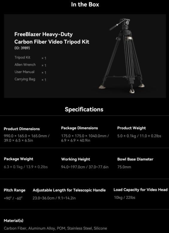 SmallRig AD-100 78″ FreeBlazer Heavy-Duty Carbon Fiber Video Tripod Kit 3989