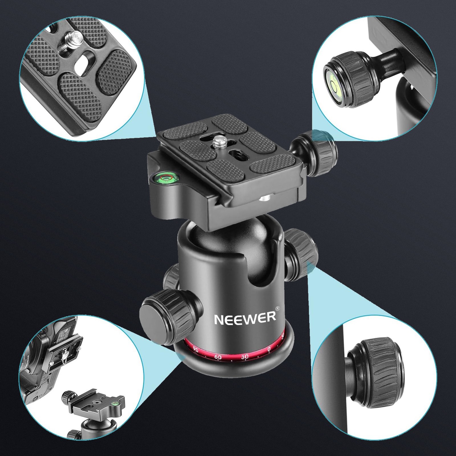 NEEWER Metal Rotating Panoramic Ball Head with 1/4”Arca Type Quick Release Plate
