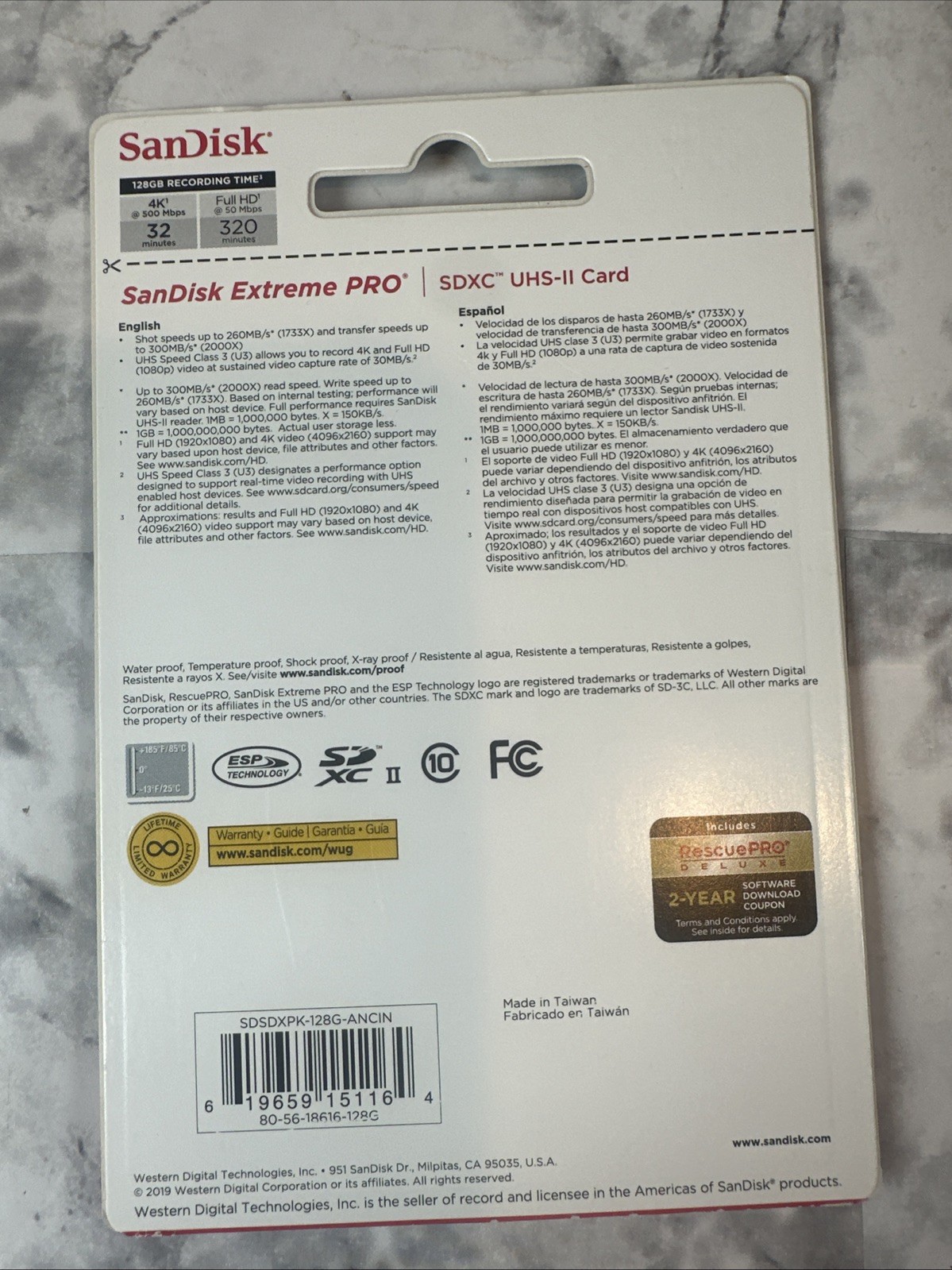 SanDisk V90 128GB UHS-II Extreme PRO Class 10 SD / SDXC Memory Card-Made in TW