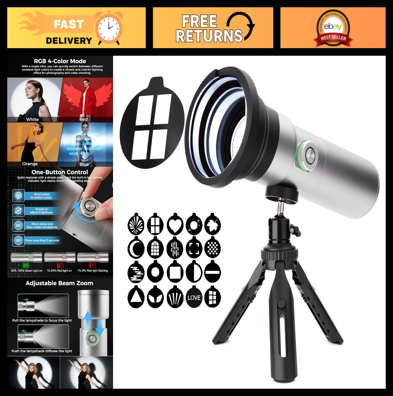 RGB Photography Flashlight with 20 GOBO Filters & Tripod – 7500mAh Rechargeable
