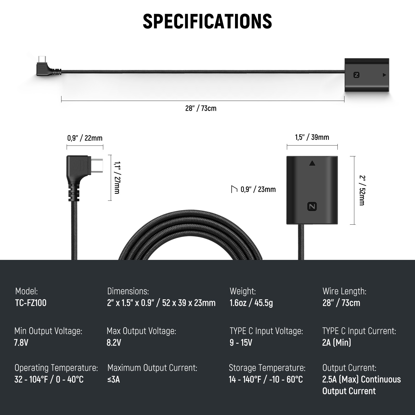 NEEWER TC-FZ100D Dummy Battery for Sony NP-FZ100 – USB-C 8.2V