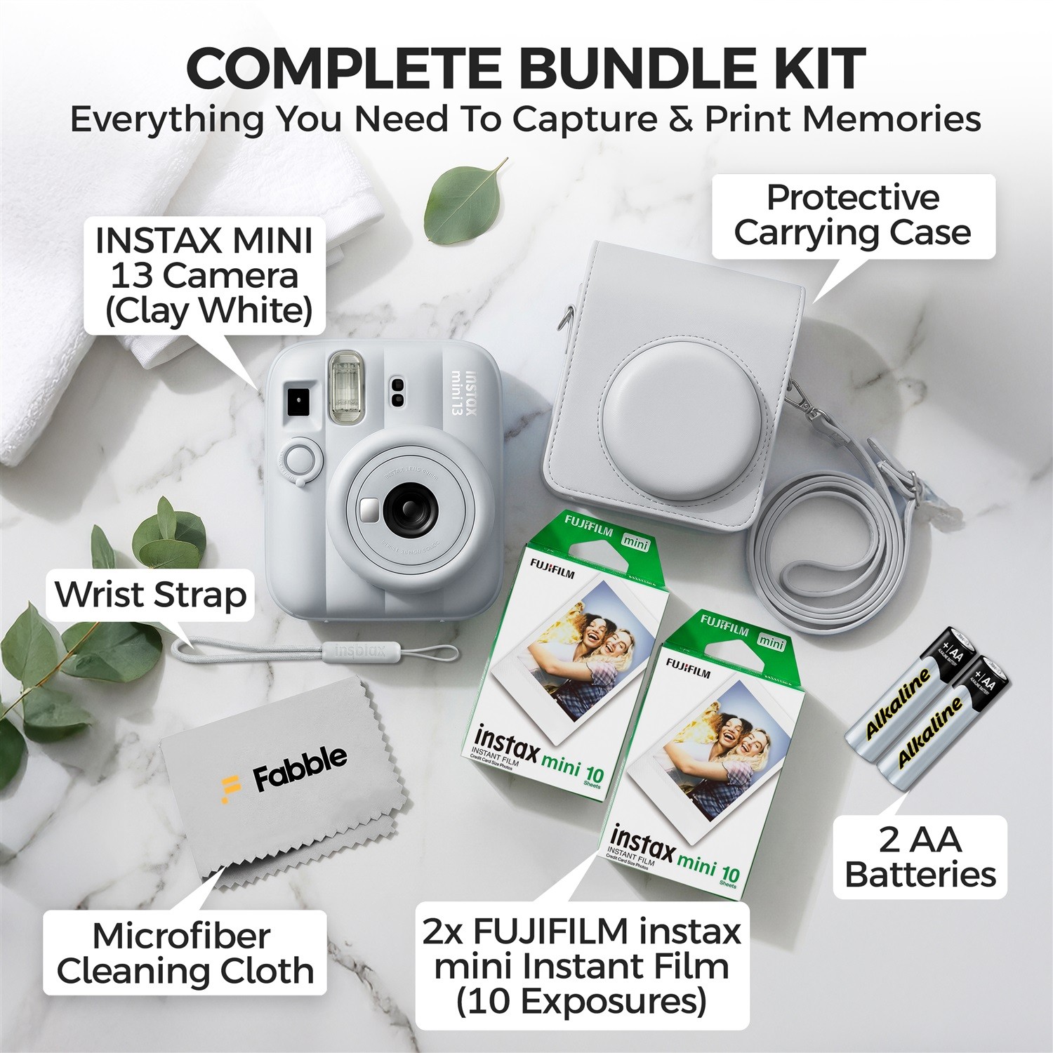 Fujifilm Instax Mini 13 Clay White Camera Bundle with a matching Case & Accs.