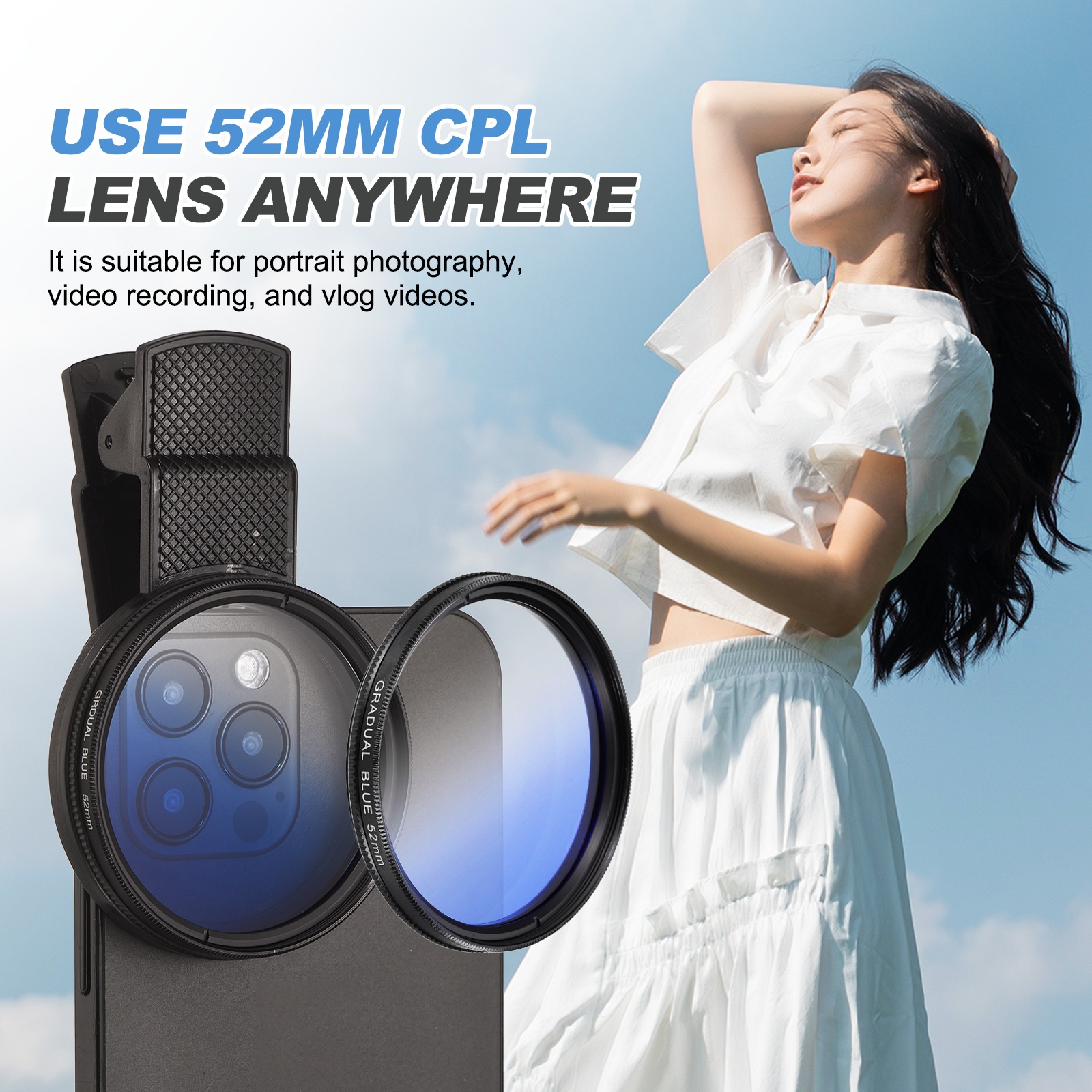 52mm Phone Camera Lens, Clip-On Graduated Color Filter, Blue