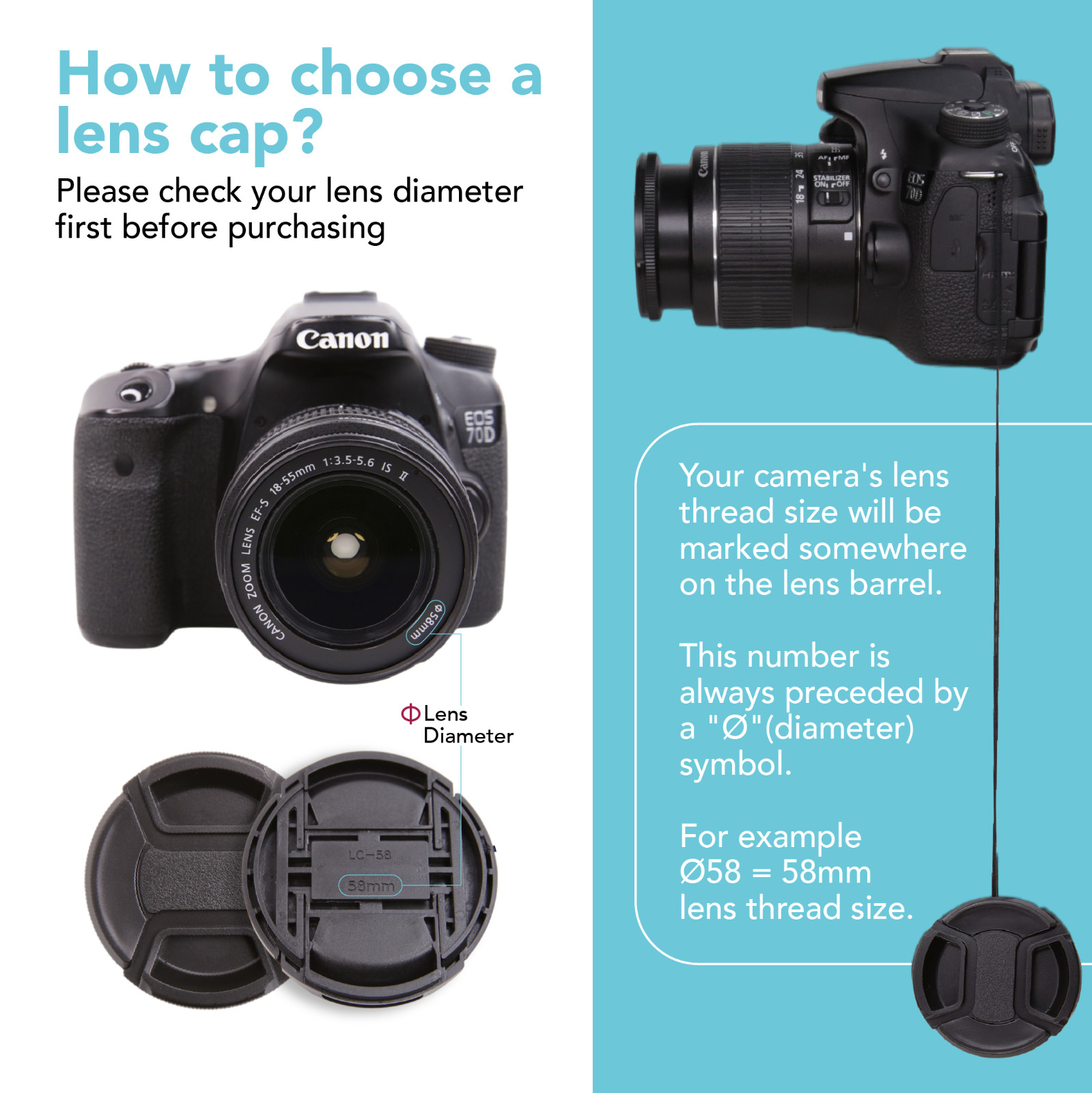 Center Pinch Snap-On Front Lens Cap Cover + Anti Lost String f DSLR Camera x2