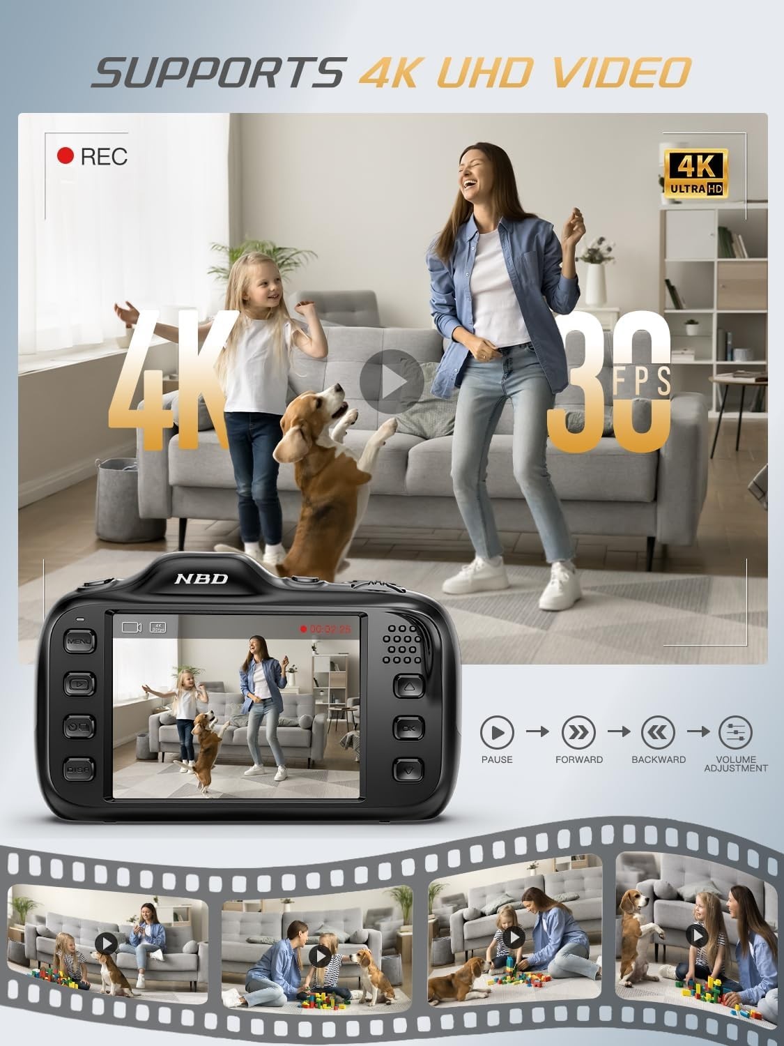 Compact 4K Digital Camera 64MP 16X Autofocus for Kids Girls 32GB TF Photography