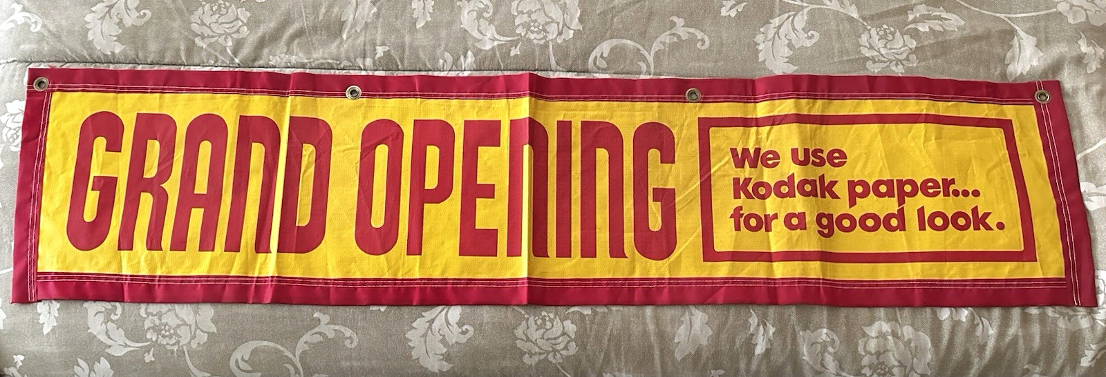 Vintage 70s KODAK 54″ x 12 1/2″ Canvas Banner: Grand Opening, We use Kodak paper