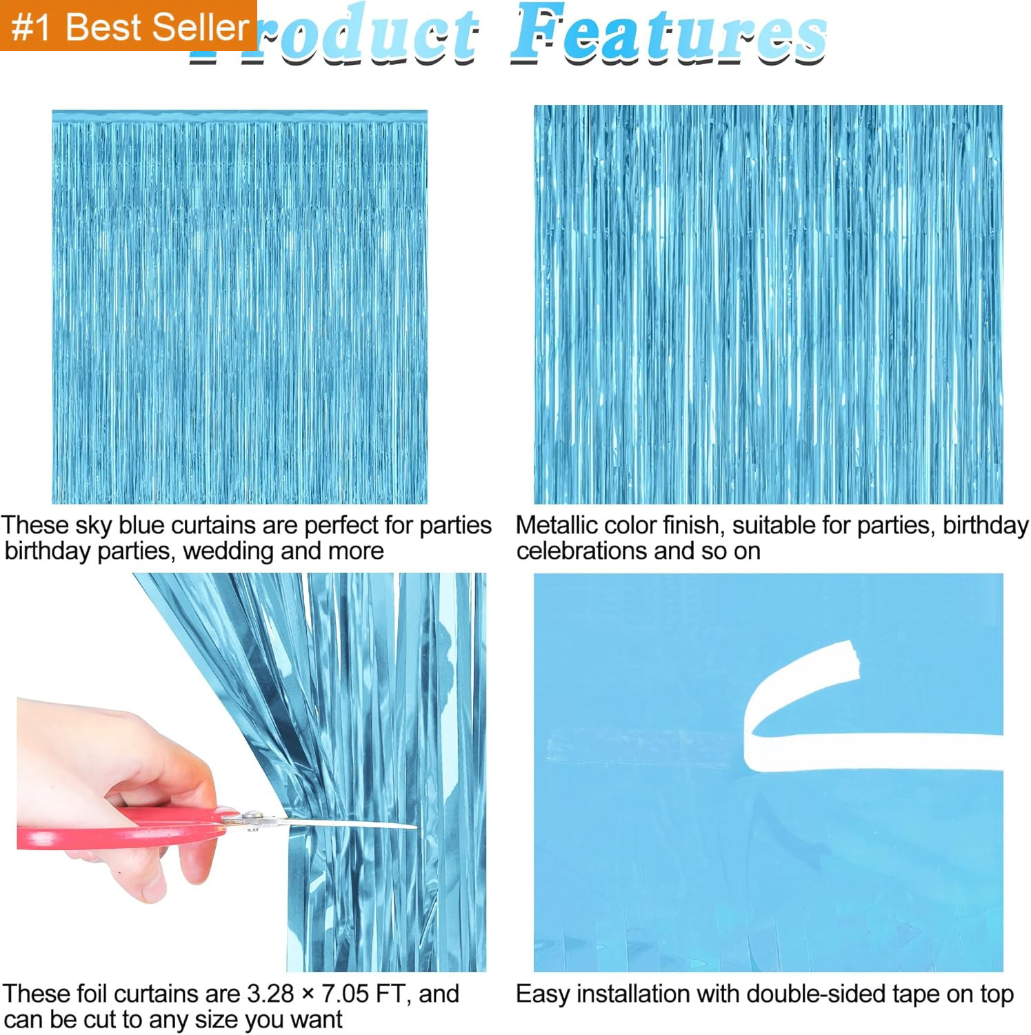 2 Pack Backdrop Curtains, 3.28 Feet X 7.05 Feet Sky Blue Tinsel Backdrop, Metall