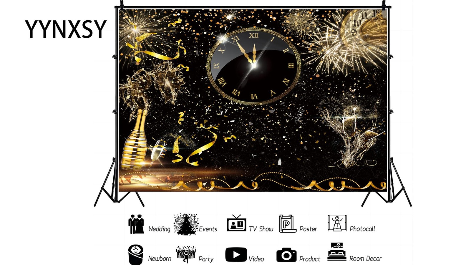 1 PC Happy New Year Backdrop Black Gold Countdown Eve 7x5ft YY11503