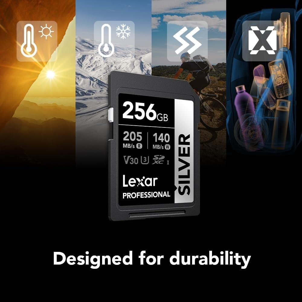 256GB Professional Silver SD Card, UHS-I, C10, U3, V30, 4K, Up to 205/140 MB/…
