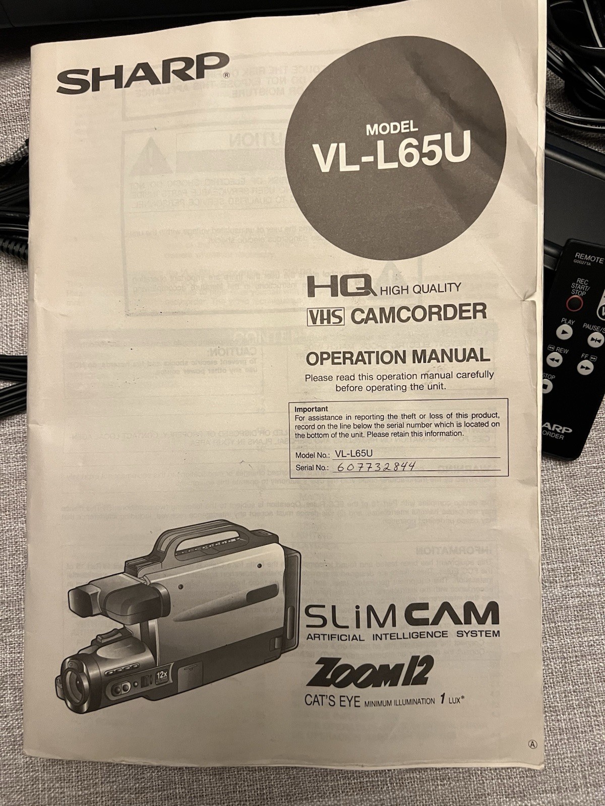 Vintage Sharp Slim Cam VHS SlimCam VL-L65U Video Camcorder Bag, Remote, Charger