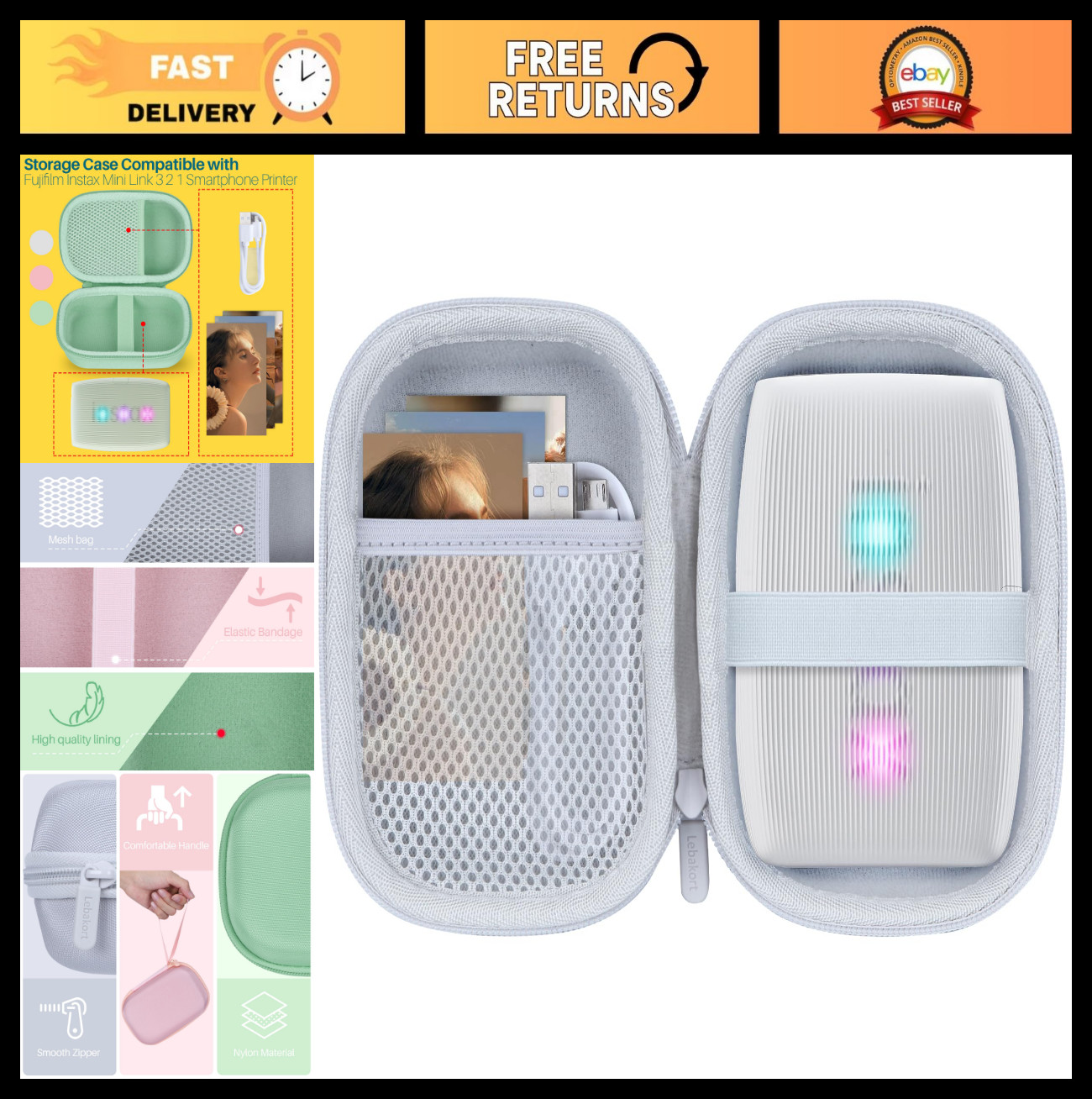 Storage Case for Fujifilm Instax Mini Link 3 2 1 Printer – Clay White, Durable &