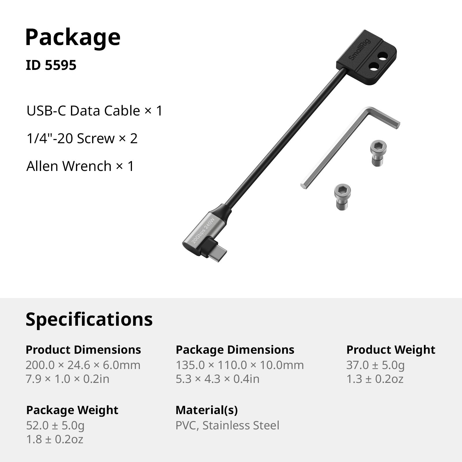 SmallRig USB-C Cable Male to Female 20Gbps, 240W for Camera