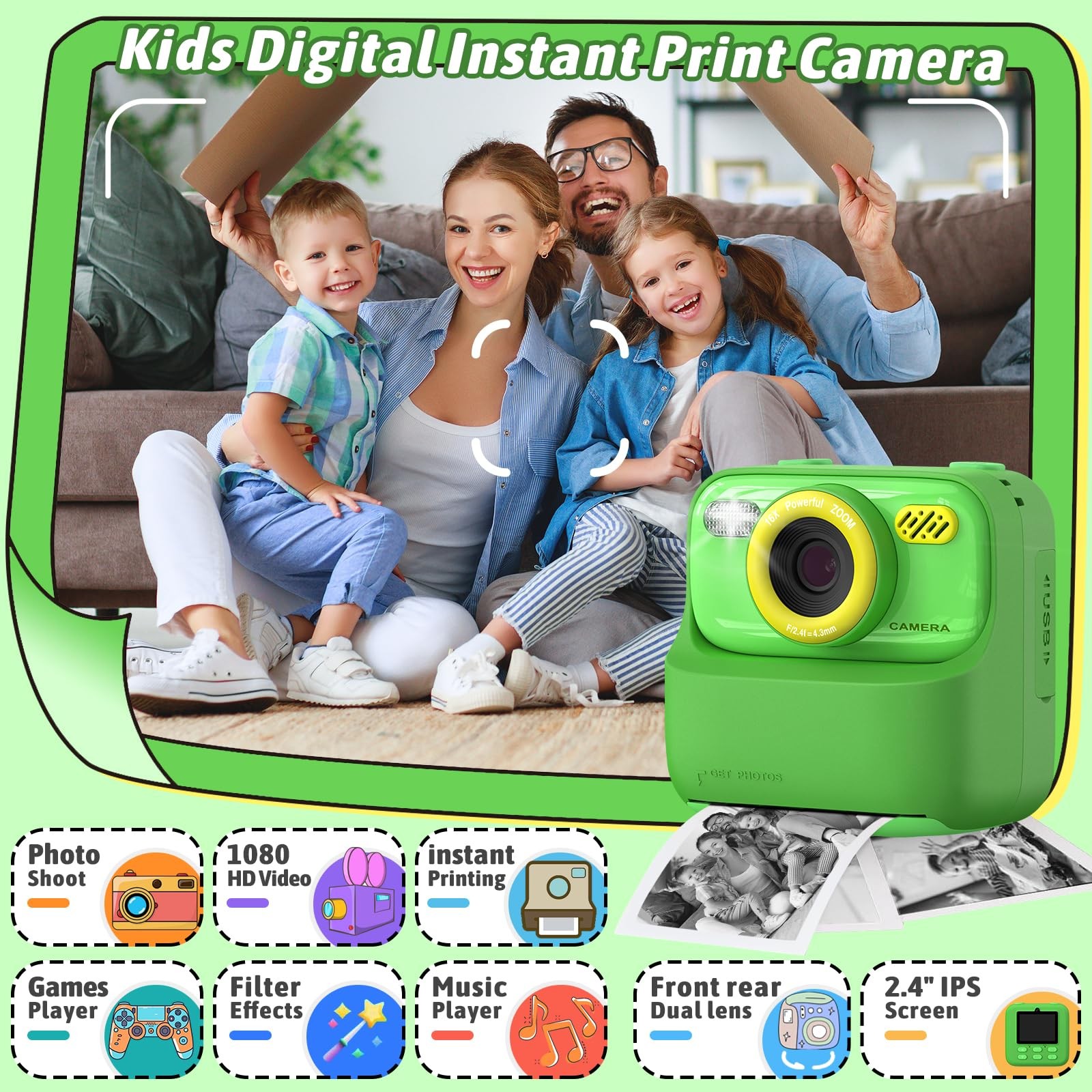 Kids Instant Digital Cameras for Boys and Girls, 1080P HD Dual-Lens Selfie Di…