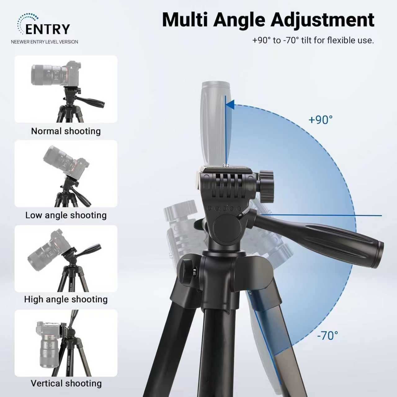 Adjustable Phone & Camera Tripod w/Built-in Level, Portable Metal Travel Stand