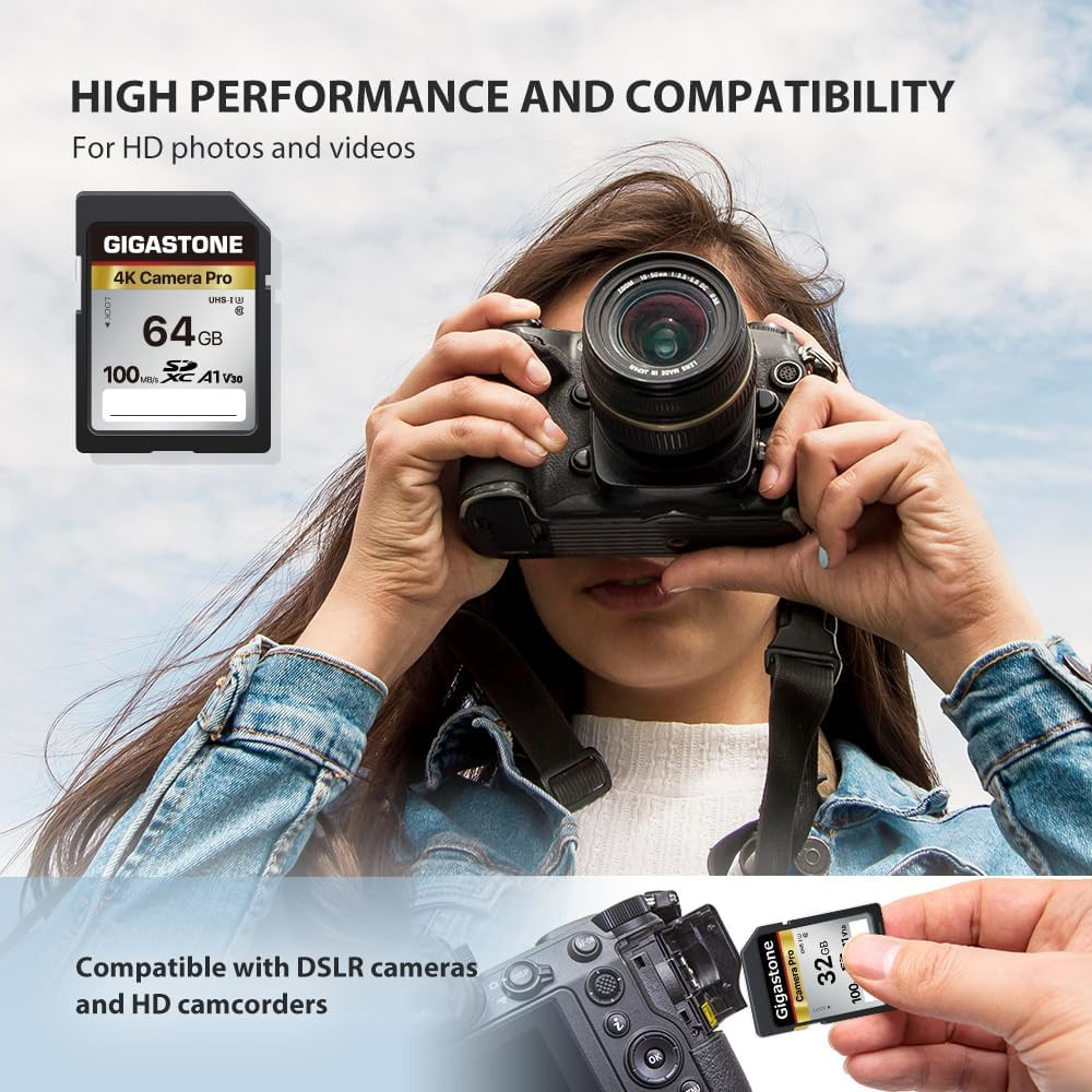 【5-Years Data Recovery】 64GB SD Card, 4K Camera Pro, UHS-I A1 V30 SDXC Memory C