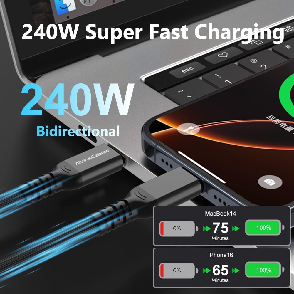 Thunderbolt 5 Cable, 6.6ft USB-C to USB-C Cable 120Gbps Bandwidth 240W PD