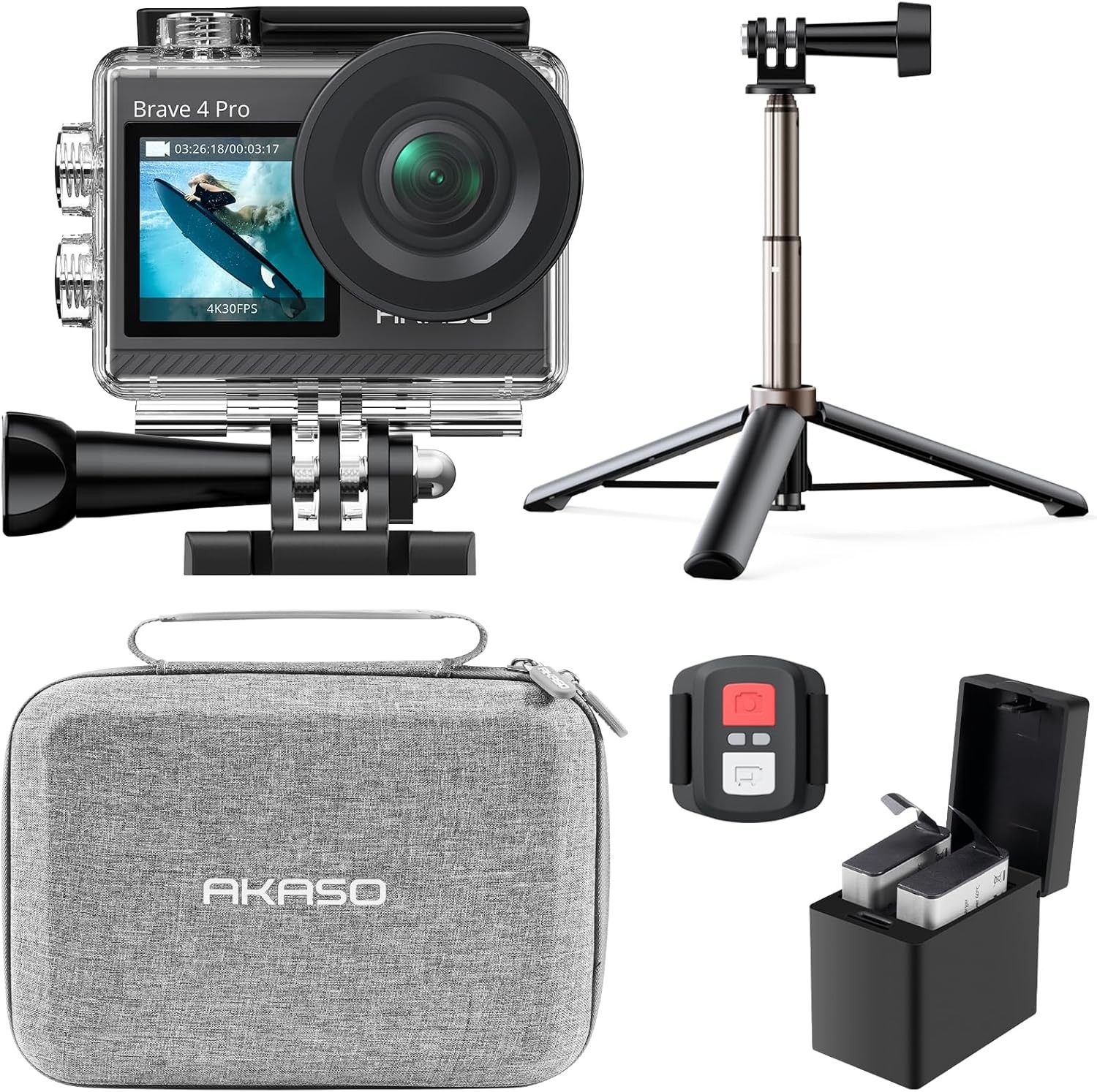 AKASO Brave 4 Pro Action Camera 4K30 Selfie Stick Bundle