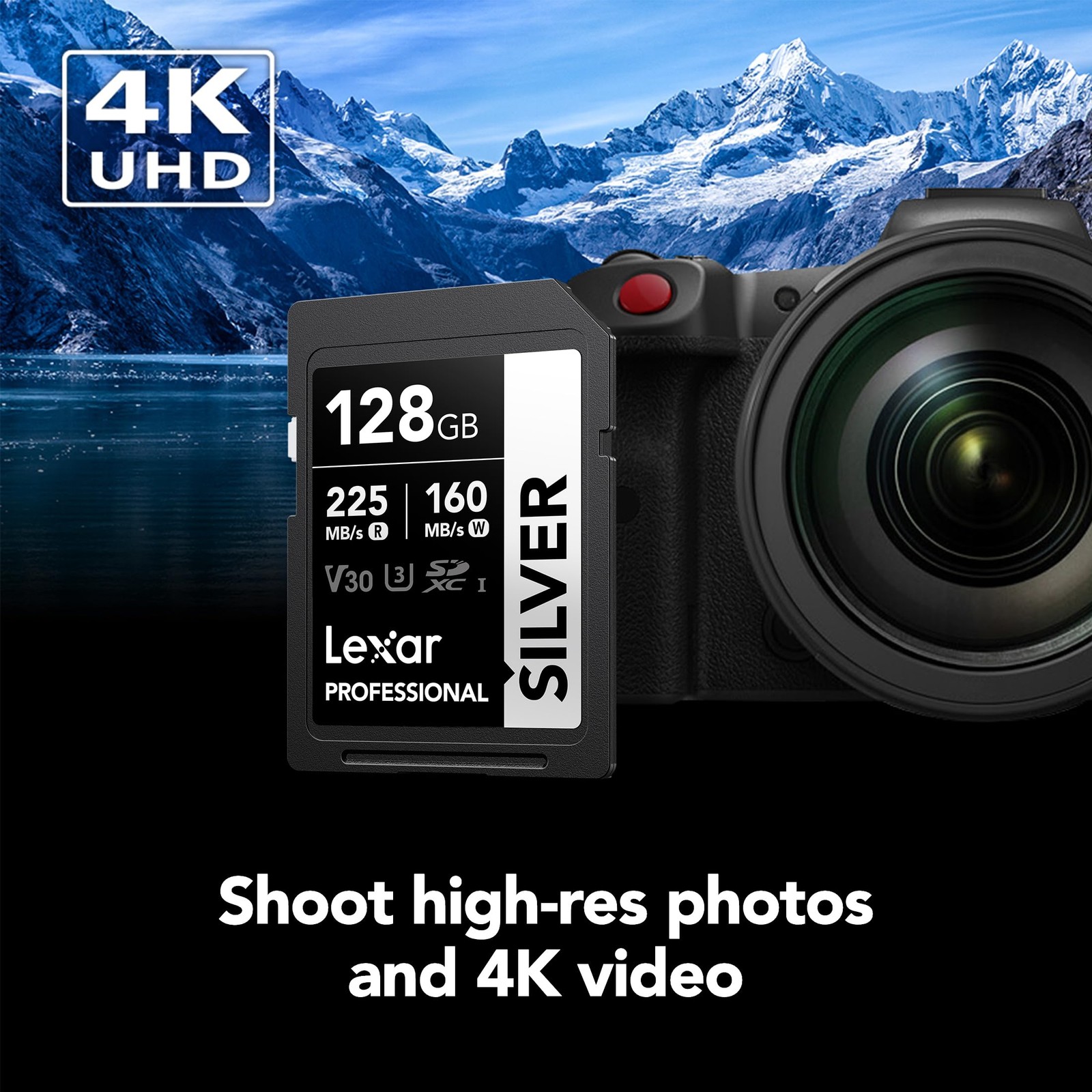 Lexar 128GB Professional Silver SD Card, UHS-I, C10, U3, V30, 128GB,