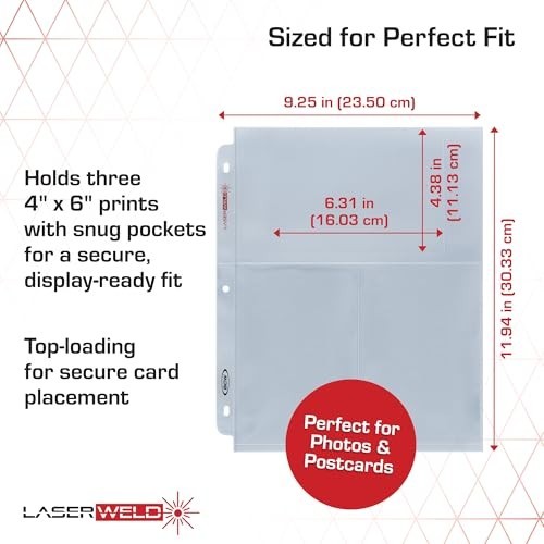 3-Pocket 4×6 Photo Sleeves for 3 Ring Binder | Archival Refill Pages | 50 Count