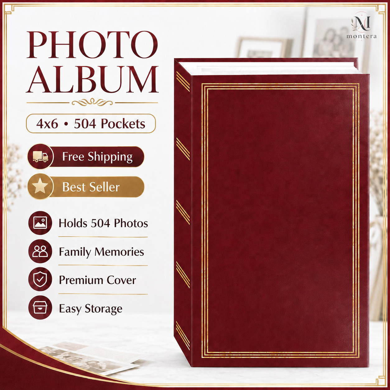 3-Ring Pocket Burgundy Album For 504 Photos – 4″X6″