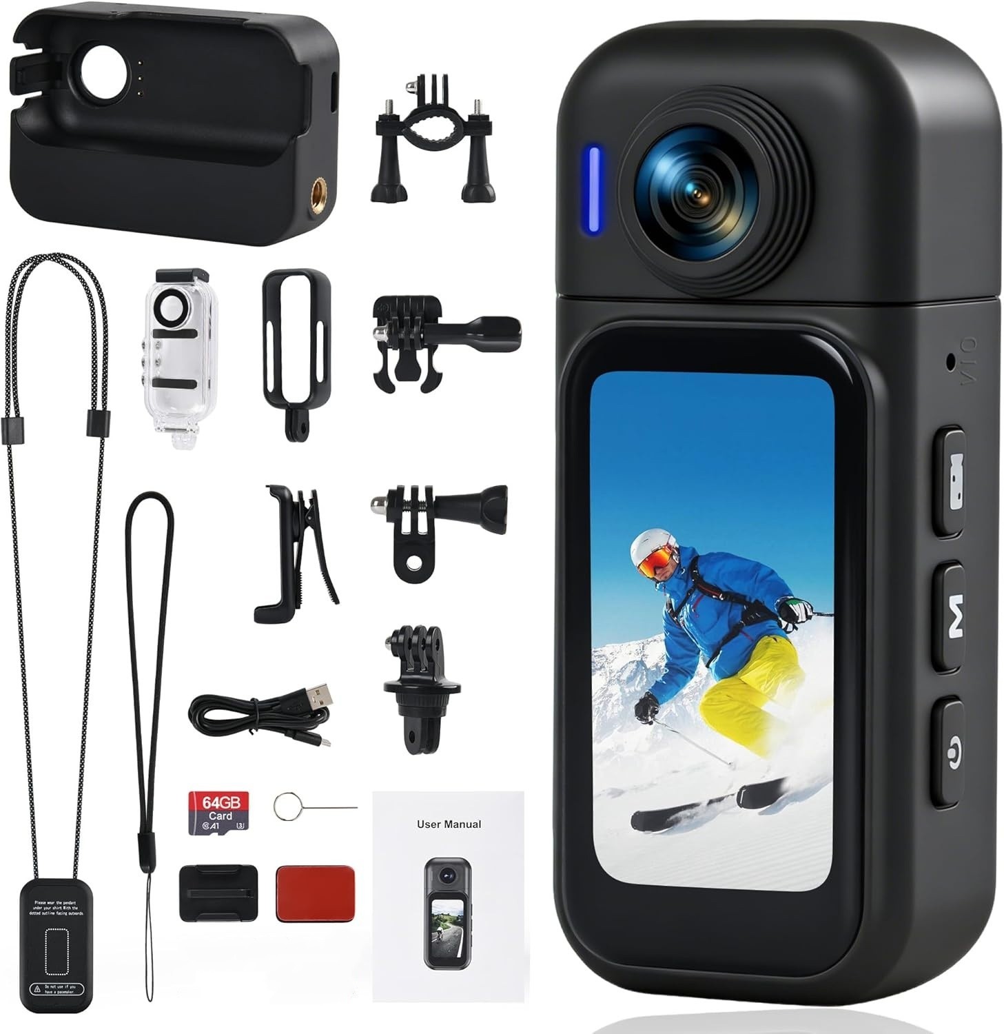 Thumb Action Camera 1080P 64GB POV Helmet Cam for Skiing Outdoor Travel Sports