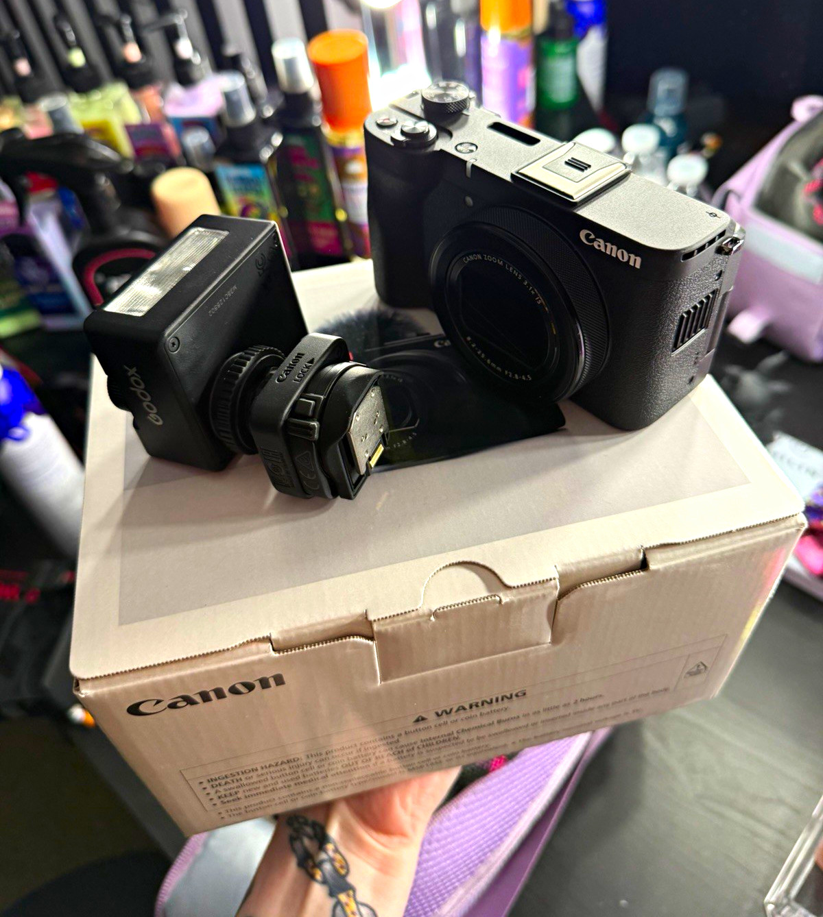 Canon PowerShot V1 Compact Camera Black with adapter and Godox flash NEW in box