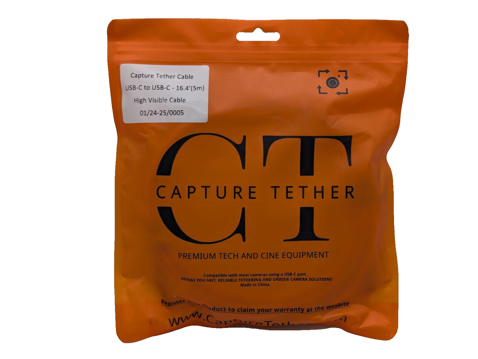 New Capture Tether Cable USB-C to USB-C – 16.4 Feet Bright Orange w/ Nylon Mesh