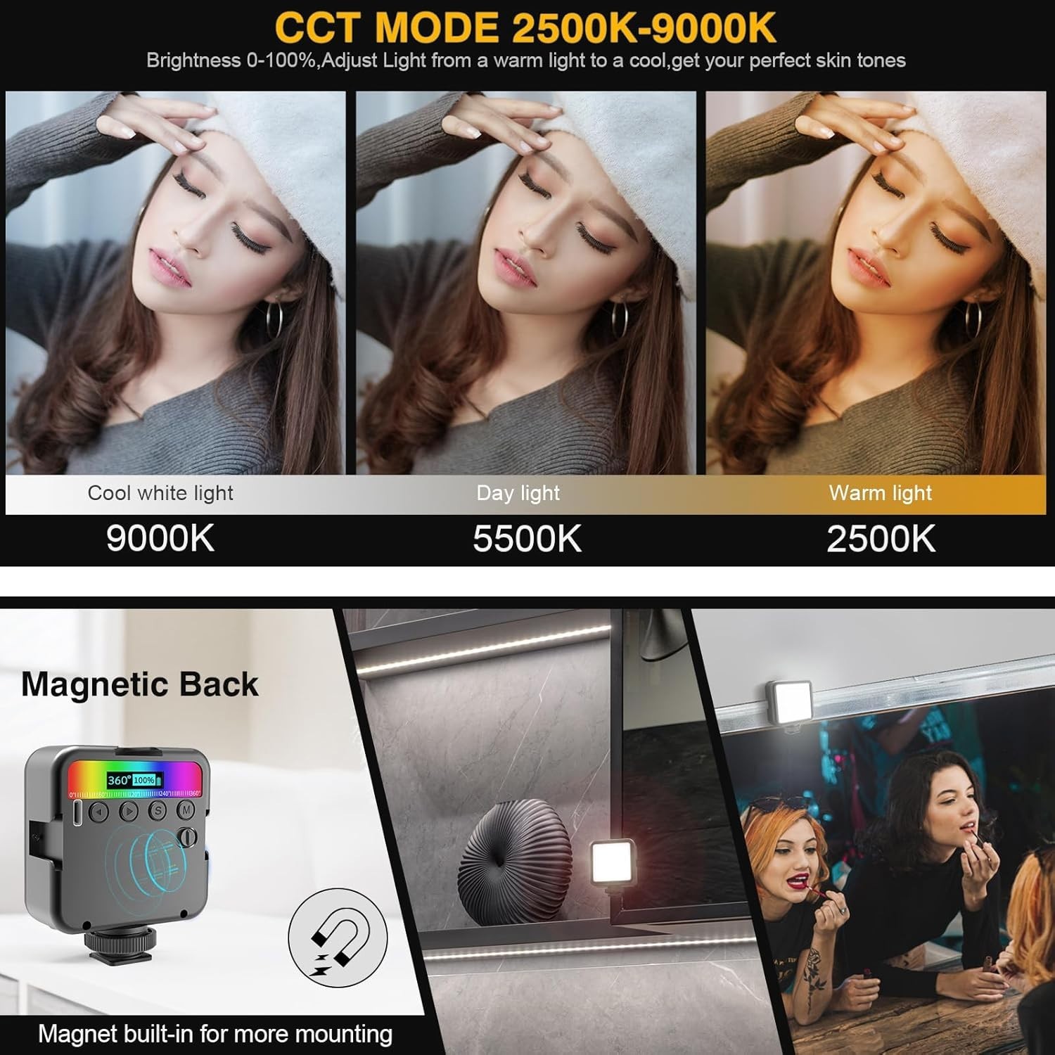 Magnetic RGB LED Video Light Camera Light 360 Full Color Portable Black