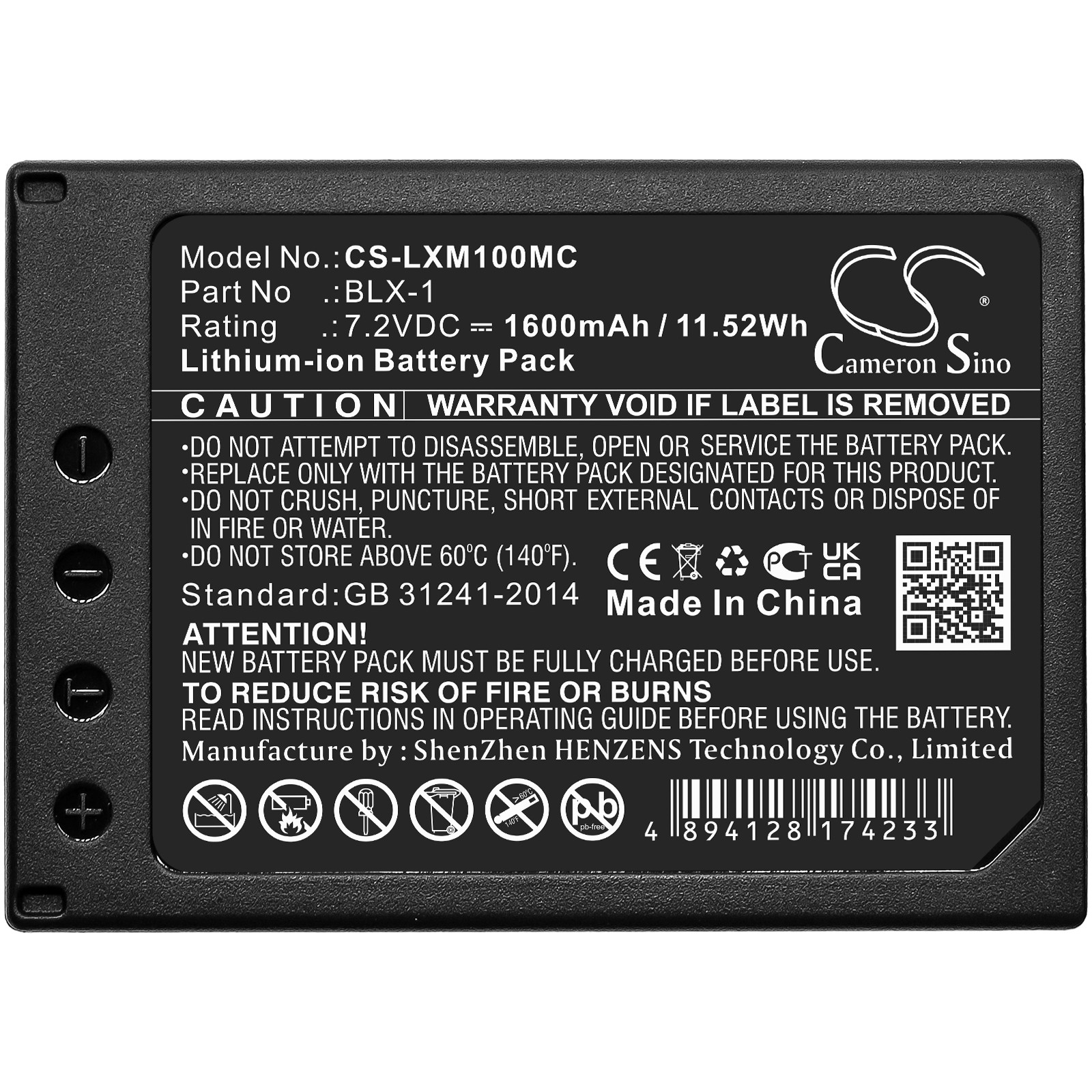 1600mAh 11.52Wh Battery for Olympus OM SYSTEM OM-1,OM-1 Mirrorless P/N: BLX-1