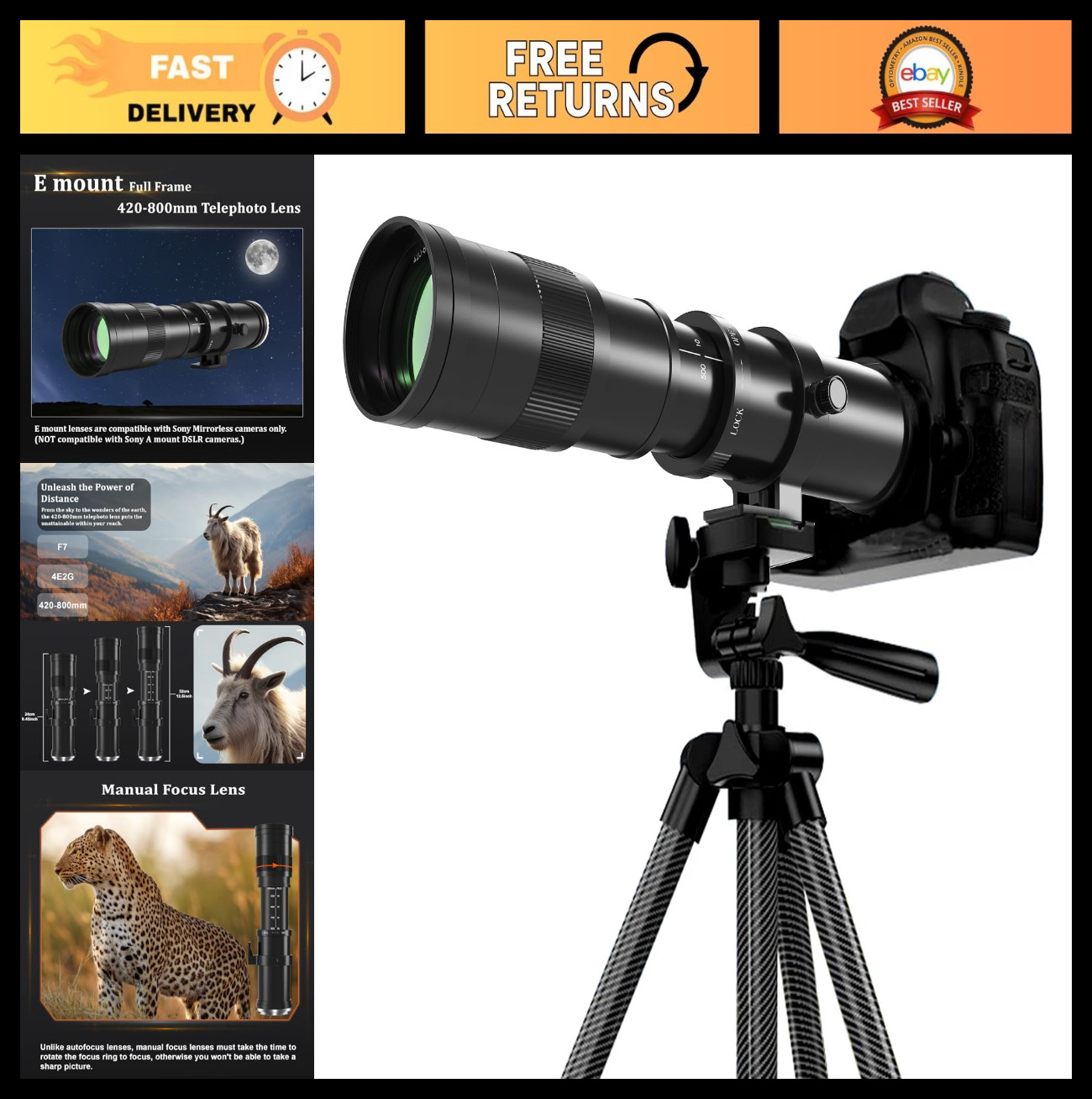Telephoto Zoom Lens 420-800mm for Sony E Mount Cameras – Manual Focus, Compatibl