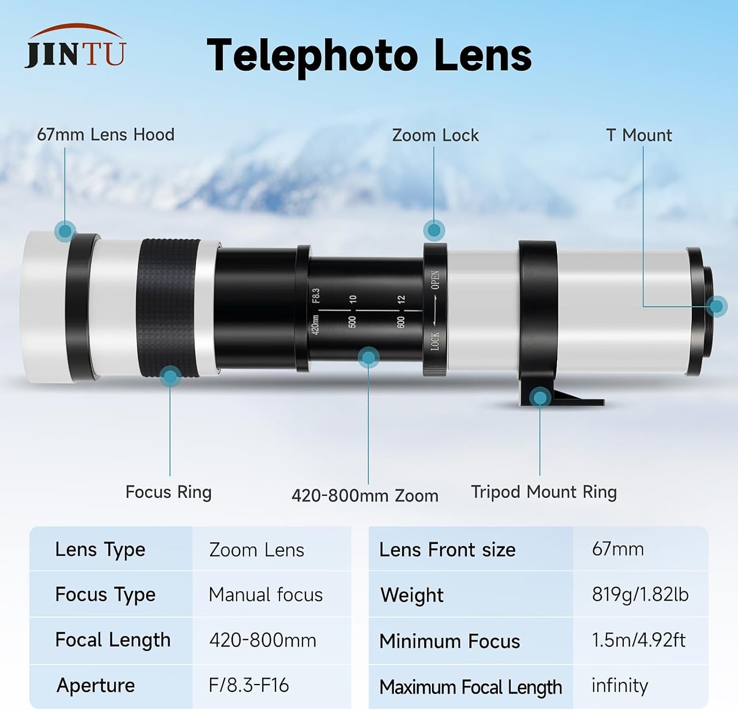 JINTU 420-800mm f/8.3-16 Manual Focus Telephoto Zoom Lens for Canon EF