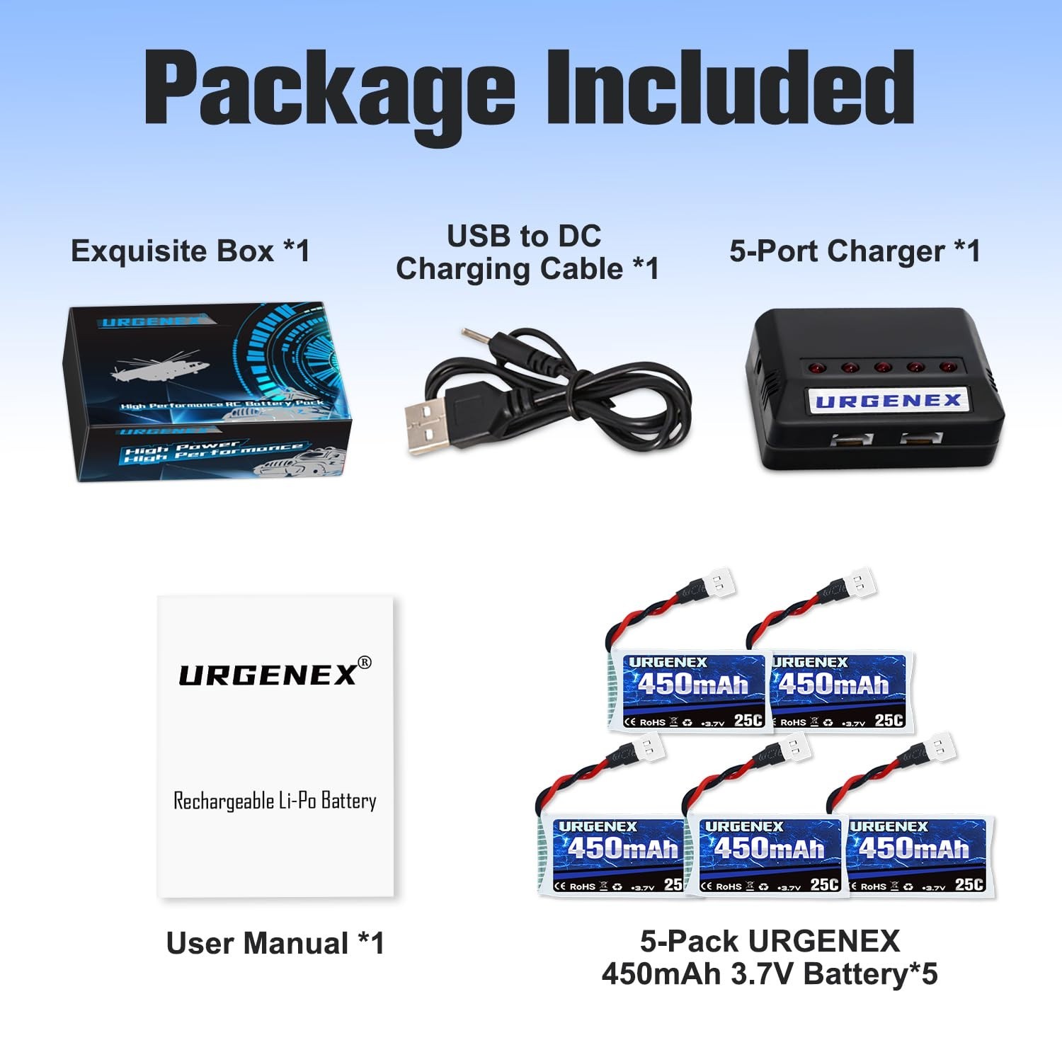 5PCS 3.7V 450mAh Lipo Drone Battery & 5-in-1 Charger for Quadcopter Models