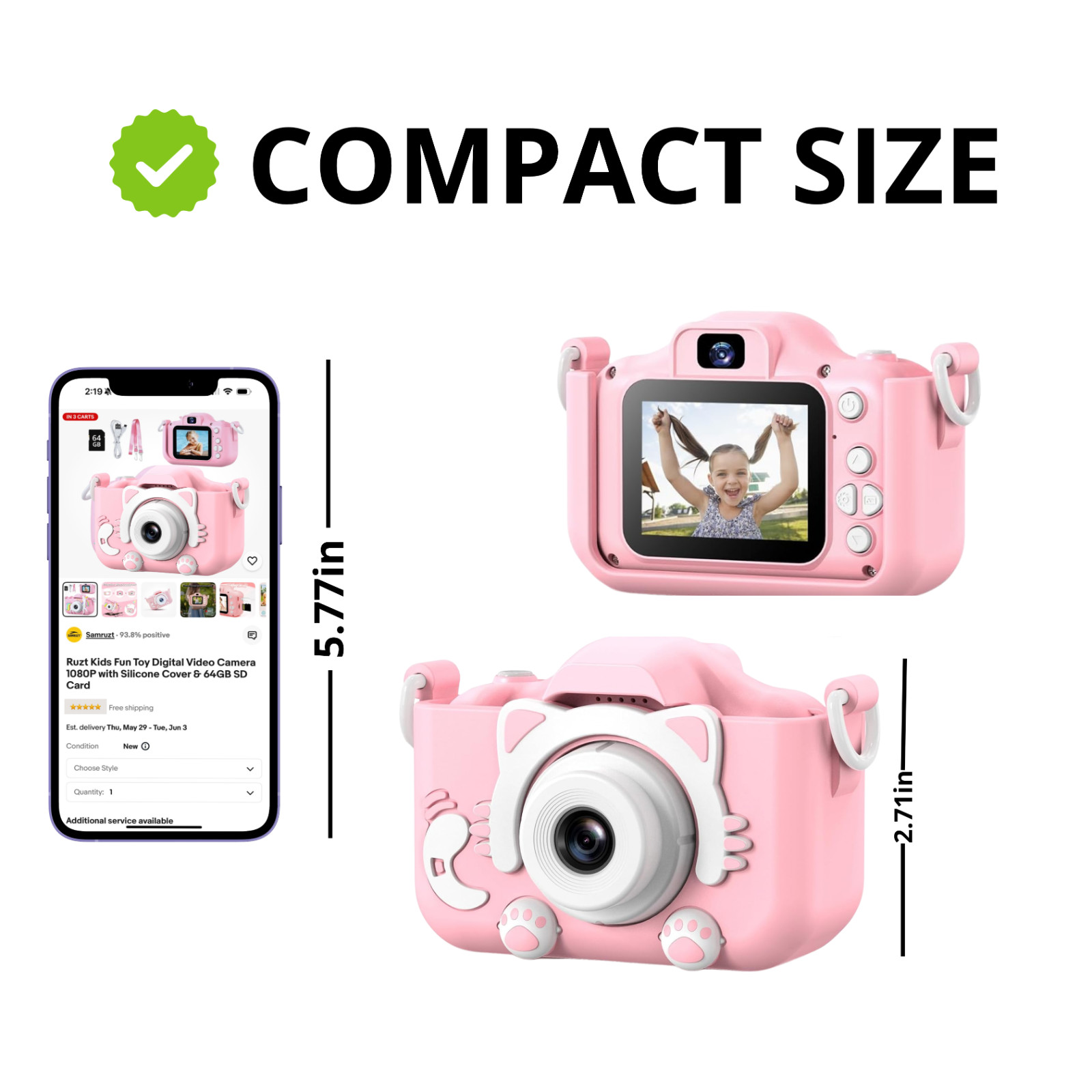 Kids Camera Digital Video Toy 3-8 Years HD w/ 64GB SD Card Gift