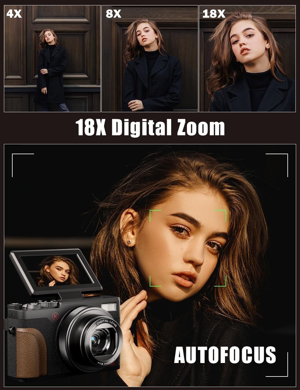 Digital Cameras 4K 16X 48MP 3” Compact Camera 2 Batteries for YouTube Vlogging