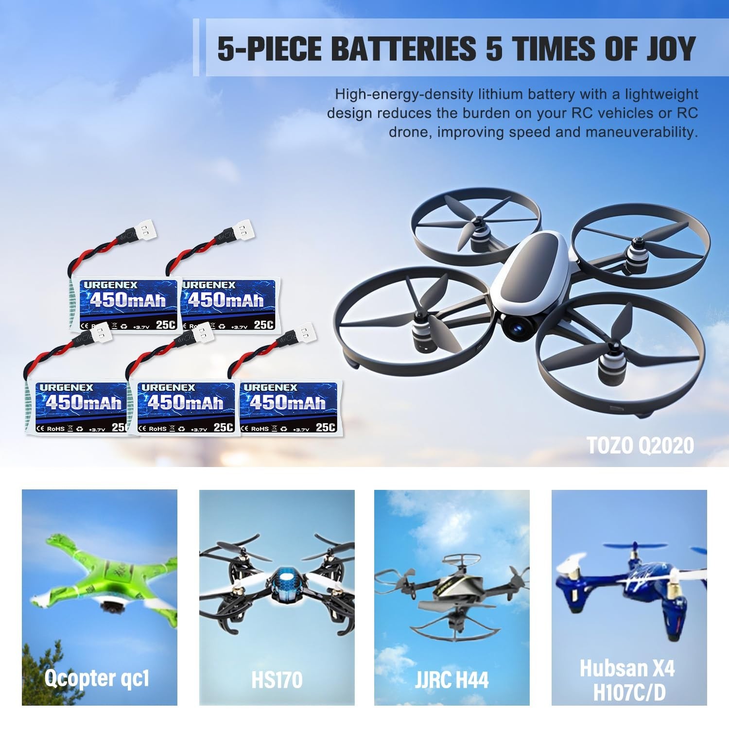 5PCS 3.7V 450mAh Lipo Drone Battery & 5-in-1 Charger for Quadcopter Models