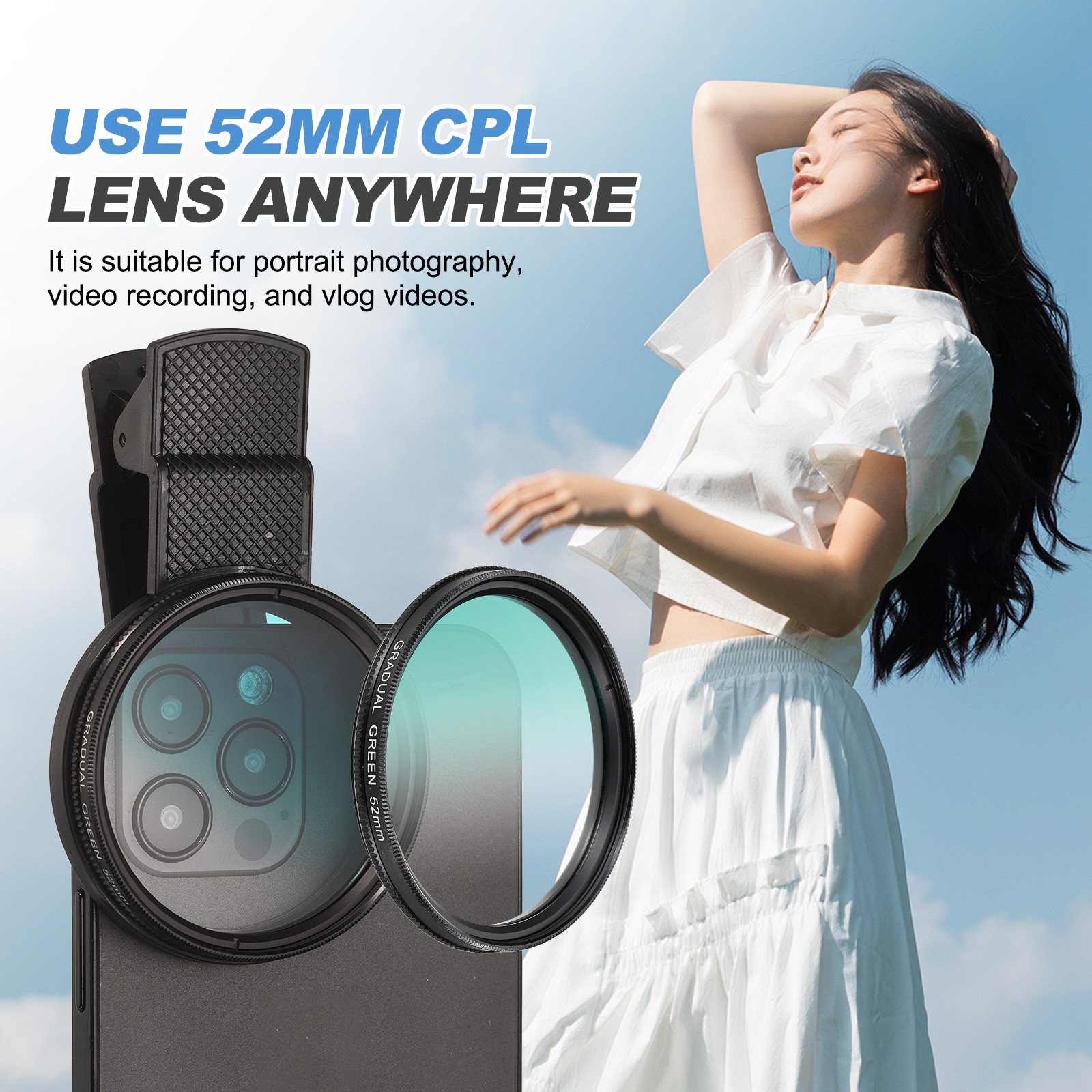 52mm Phone Camera Lens, Clip-On Graduated Color Filter, Green
