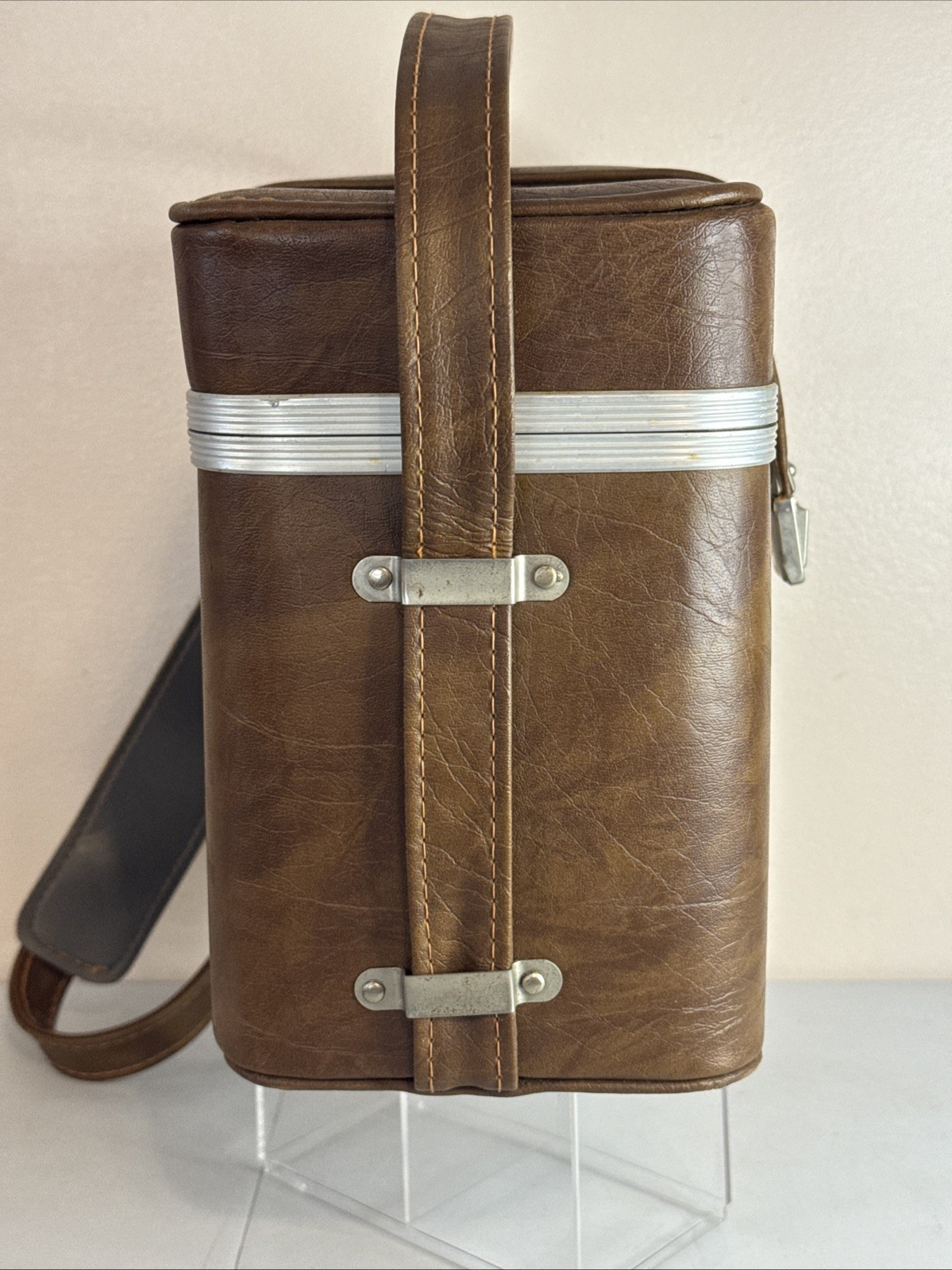 VTG Brown Faux Leather Camera Hard Shell Case Complete w/ Shelf 12x 6 x 9 NICE