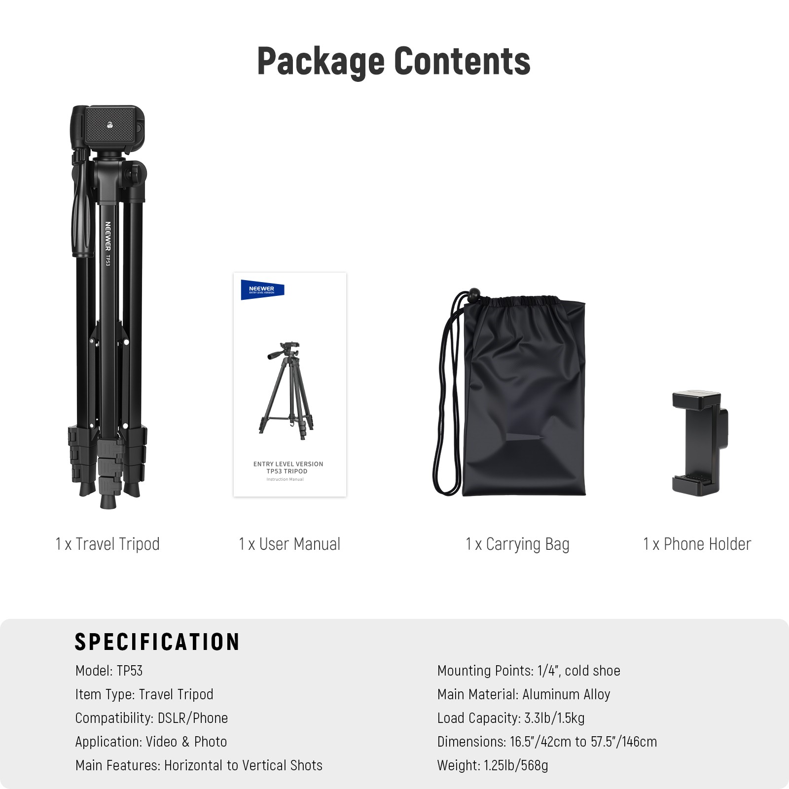 NEEWER TP53D Phone & Camera Tripod w/Cold Shoe, Lightweight