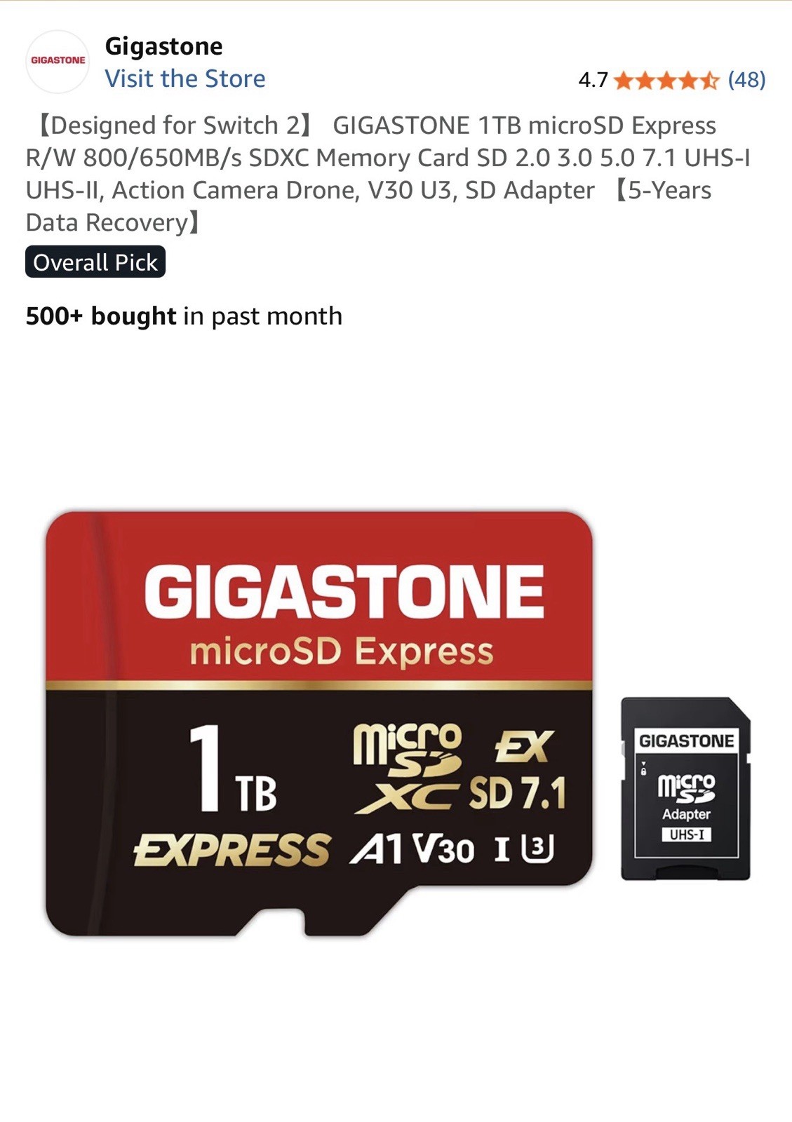 GIGASTONE 1TB MicroSD Express microSD Card w/ SD Adapter UHS-I Class 10