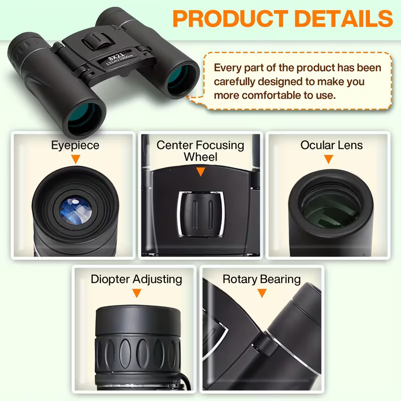 POLDR 8×21 Small Compact Pocket Lightweight Binoculars Camping Hunting Fishing