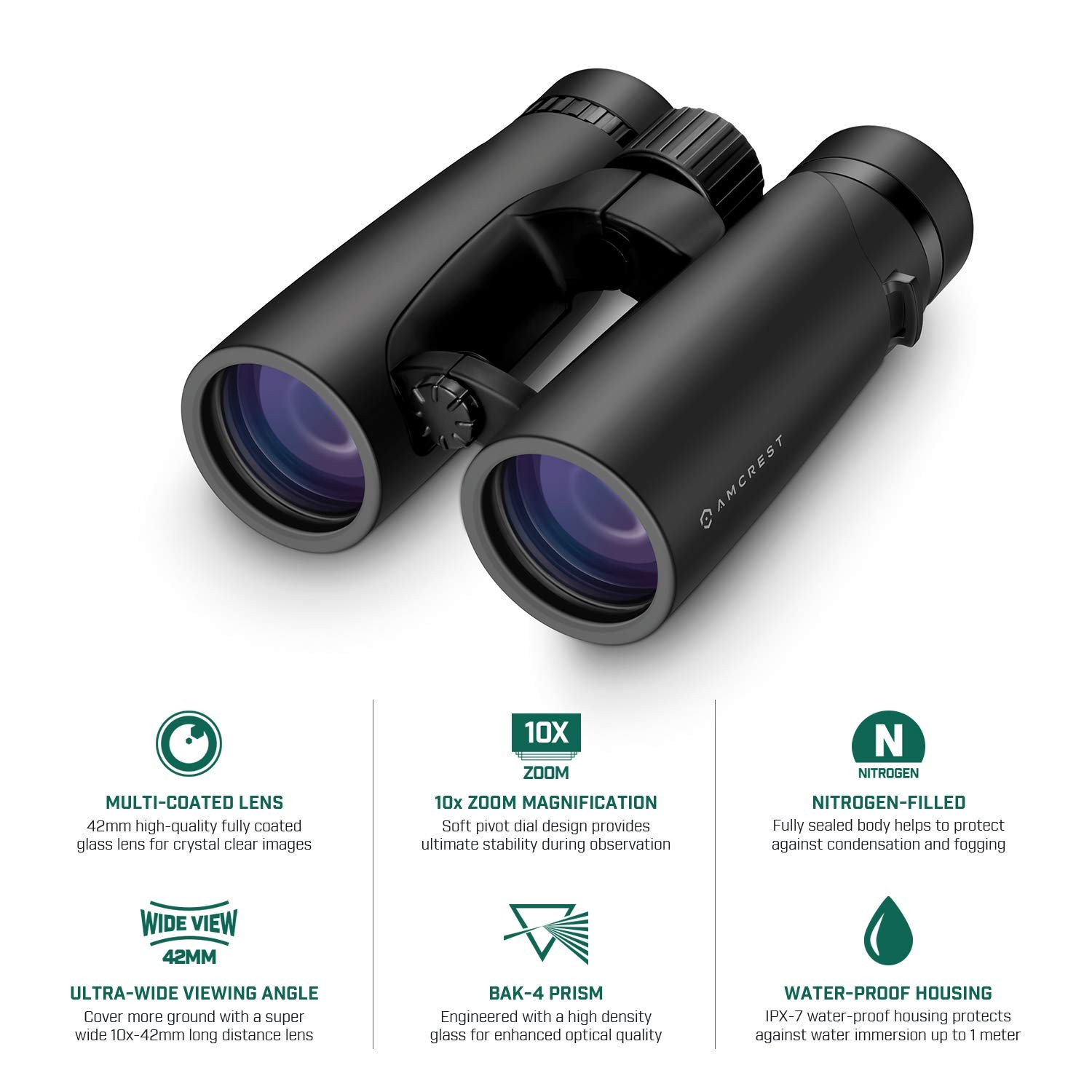 Amcrest 10×42 Roof Prism Binoculars for Adults, HD Professional Black
