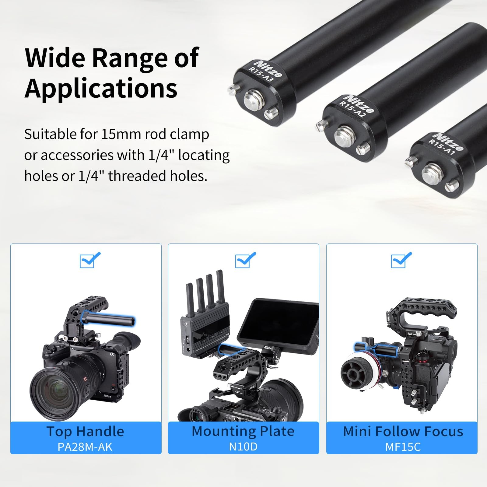 15mm Rod With 1/4″ Screw Locating Pins 3 PCS Set For Camera Cage Handle R15AK
