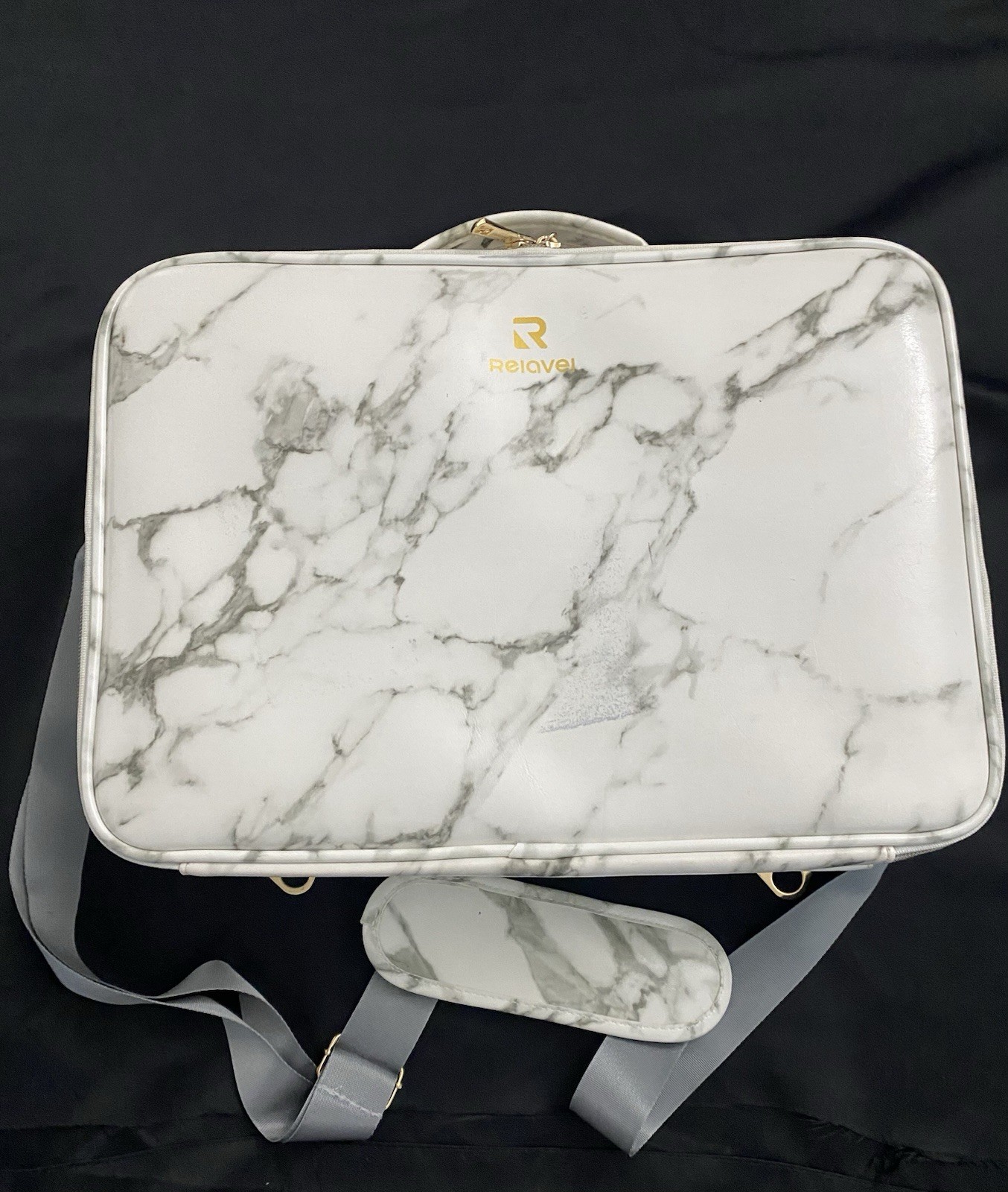 Relavel Faux Leather makeup case White/Gray Padded Dividers Shoulder Strap